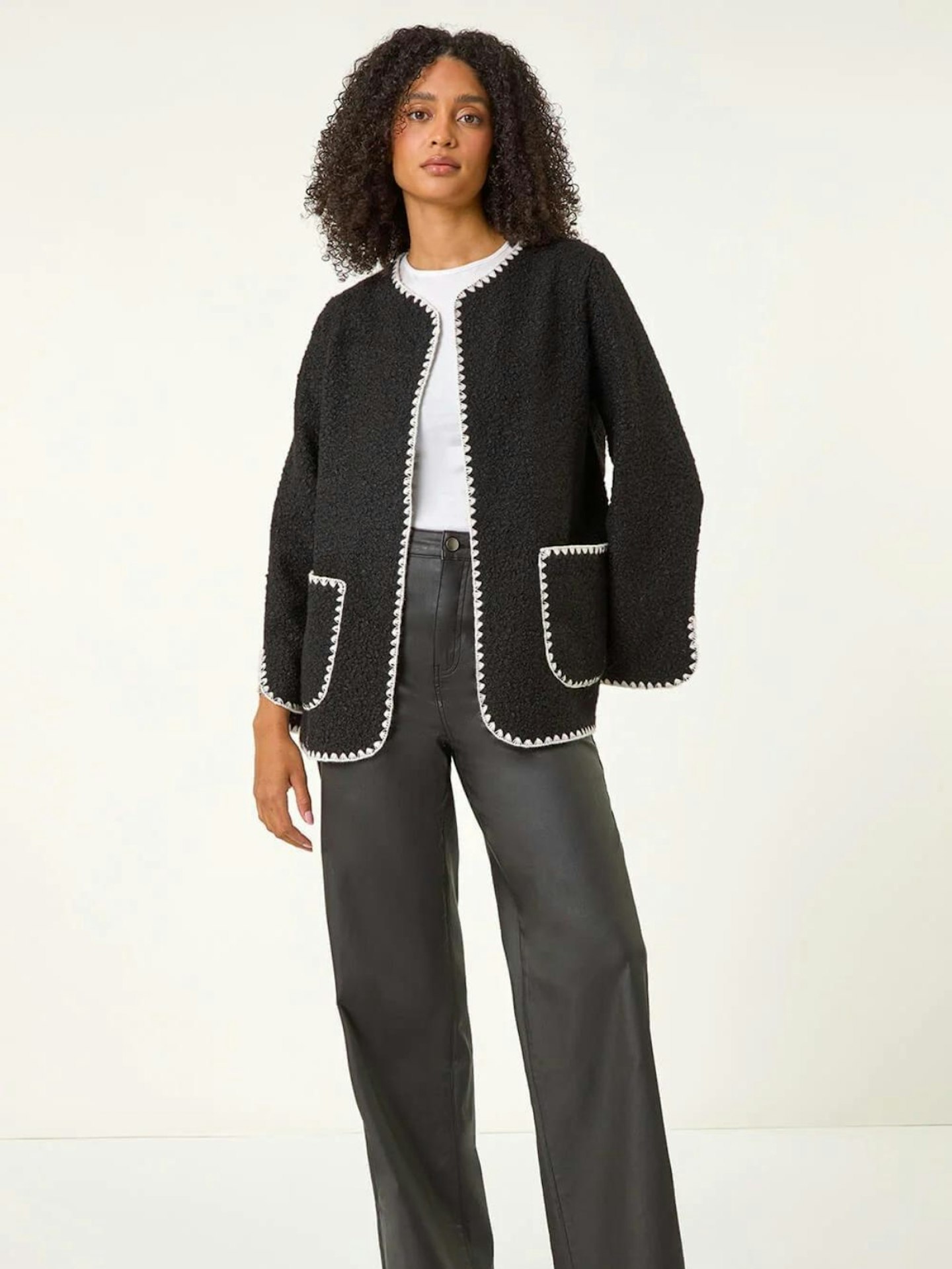 Roman's Black Contrast Blanket Stitch Jacket