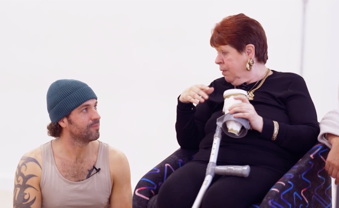 Shayne Ward in rehearsals with his mum Philomena, who holds a walking aid