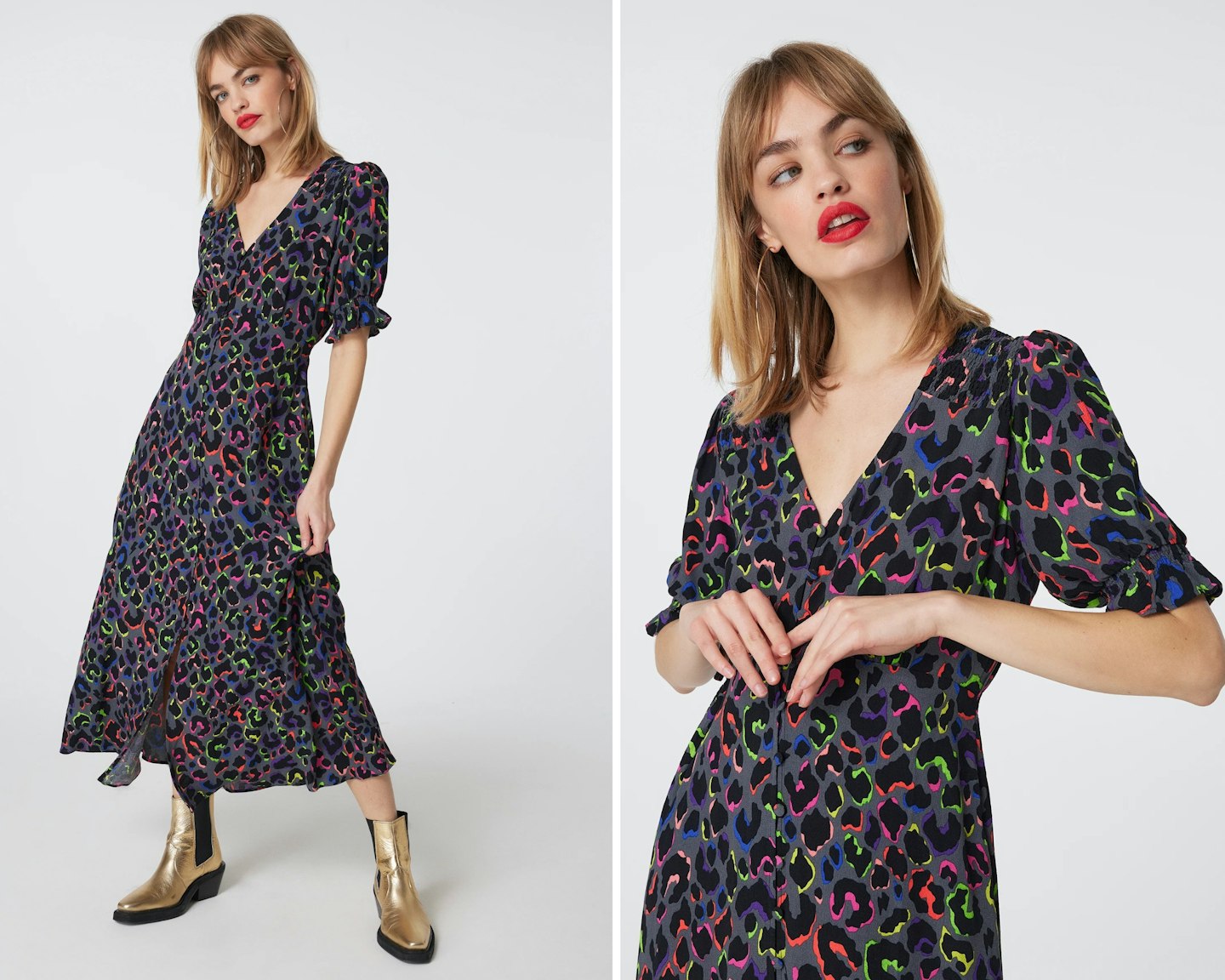 Scamp & Dude Leopard Flute Sleeve Midi Tea Dress