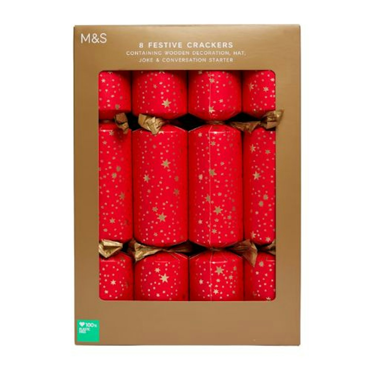 8 Christmas Crackers - Red + Gold Stars Design