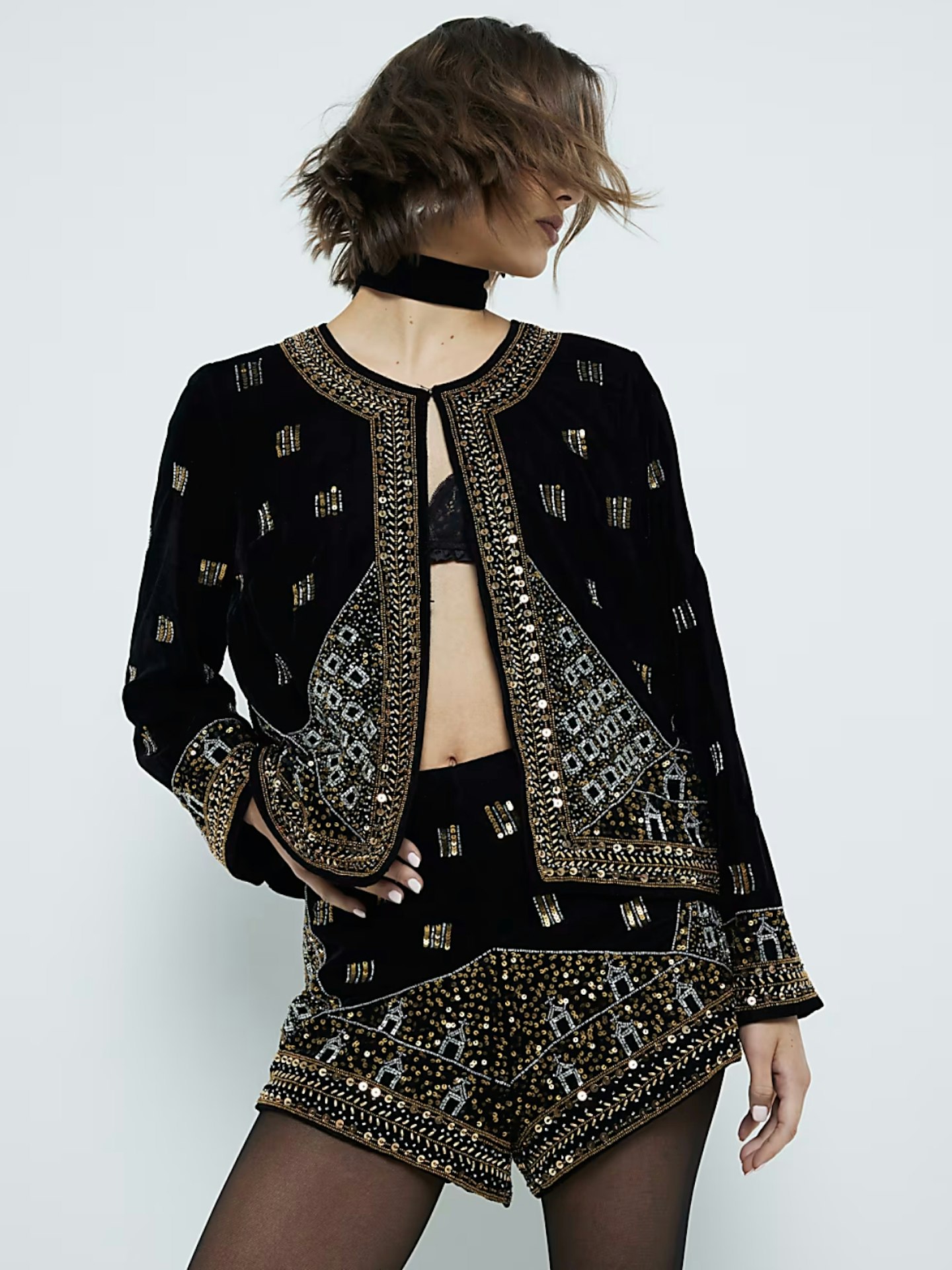 River Island Black Velvet Embellished Trophy Jacket