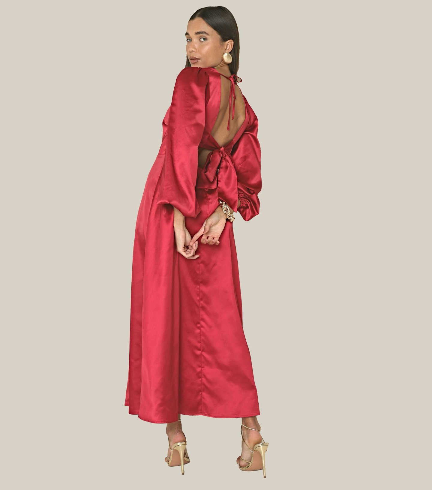 WKNDGIRL Red Satin Bow Midaxi Dress