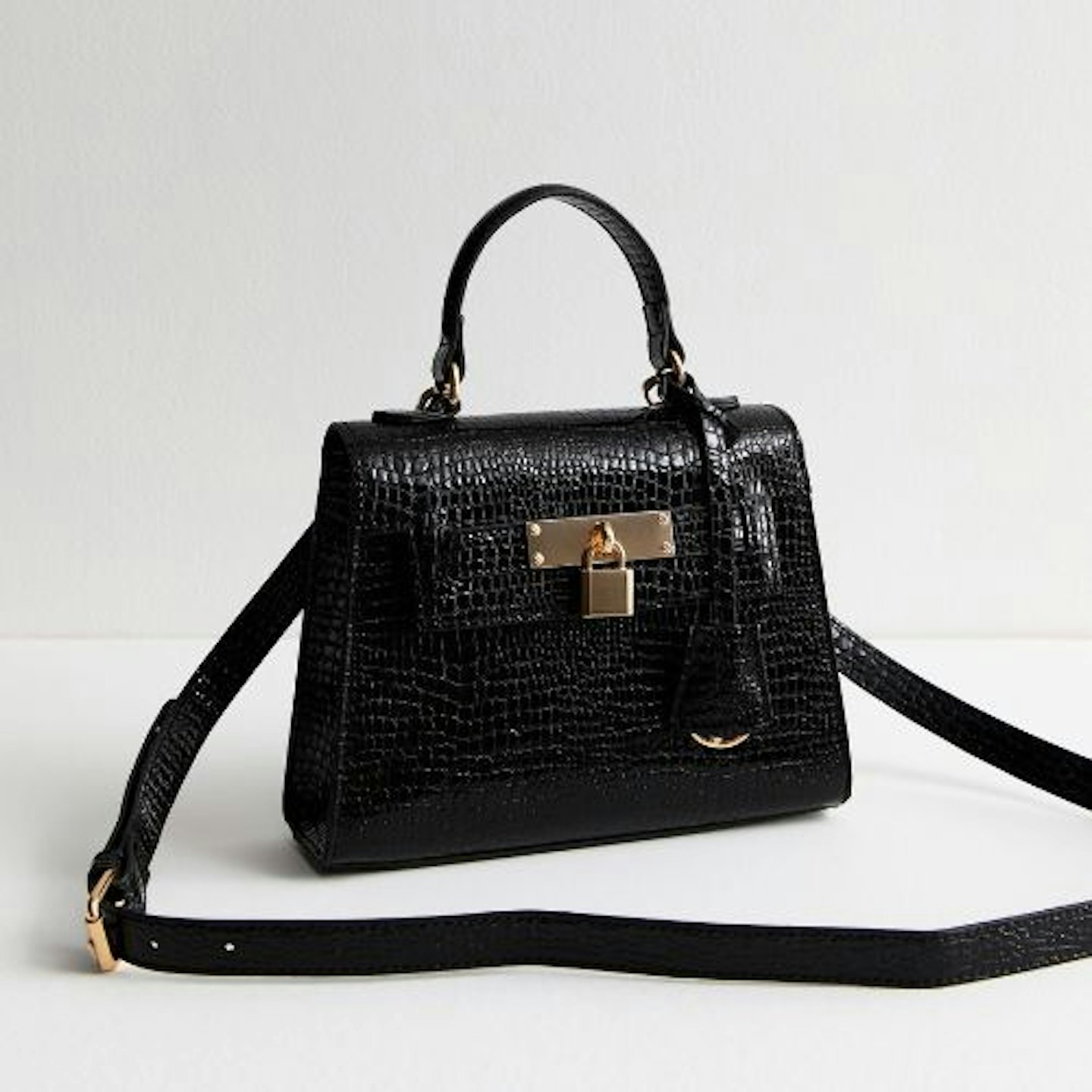 Black Crocodile Effect Faux Leather Crossbody Bag