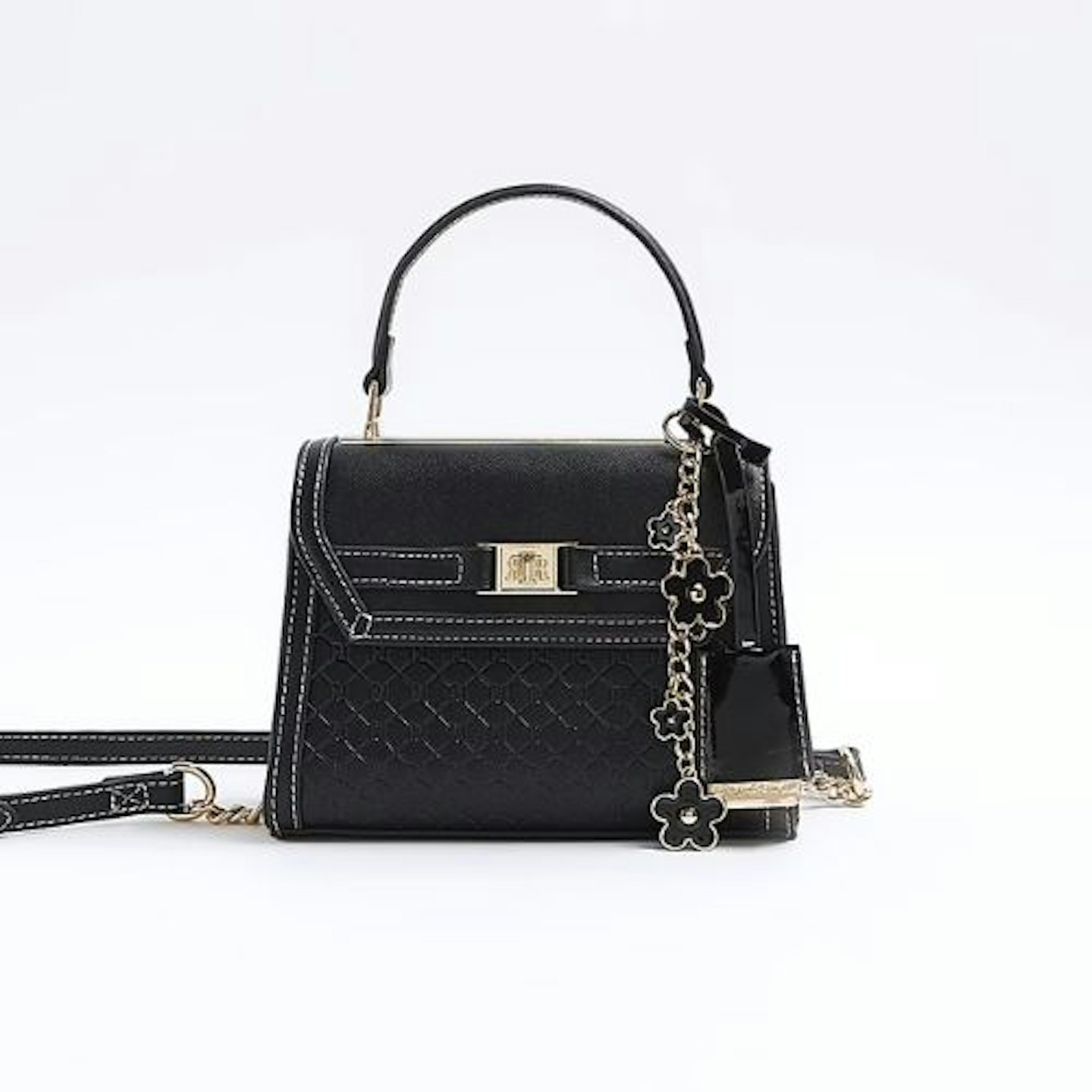 Black embossed mini top handle cross body bag