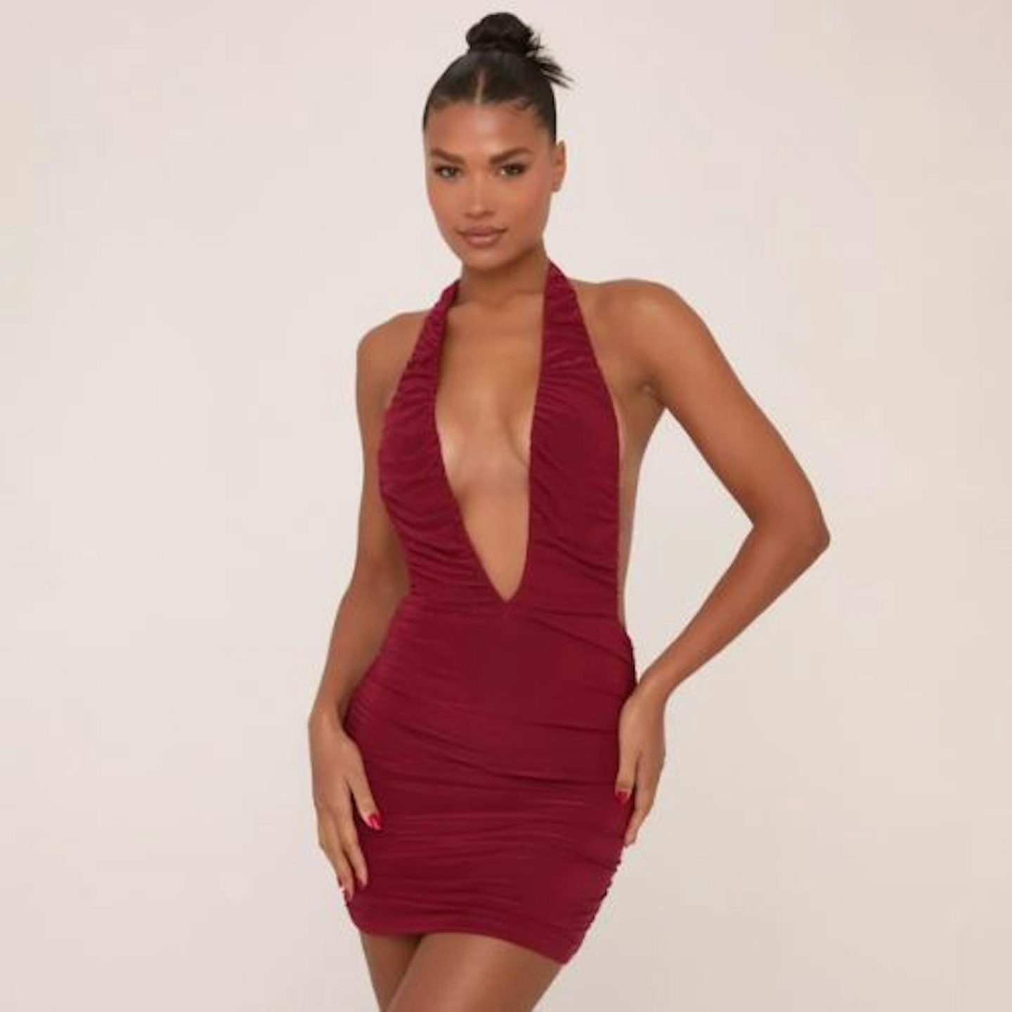 EGO Extreme Plunge Double Layer Ruched Mini Dress