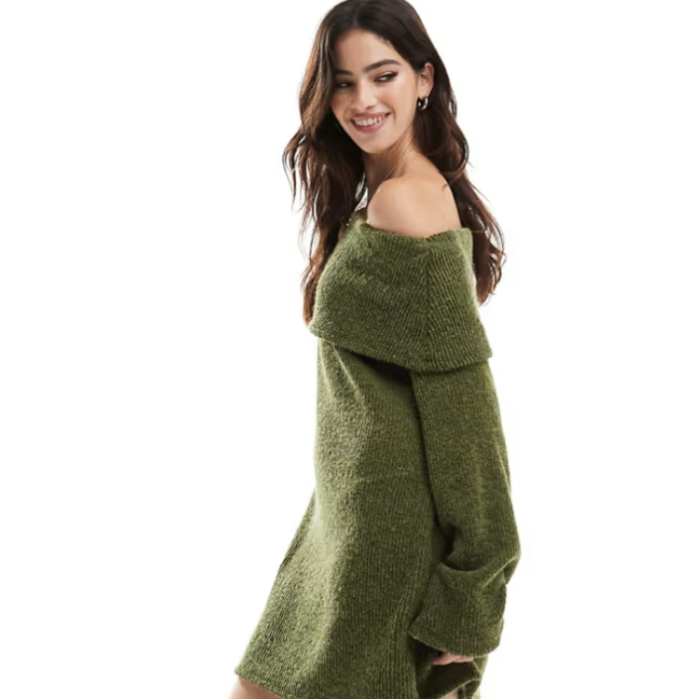 ASOS DESIGN fluffy knit fallen shoulder mini dress in olive