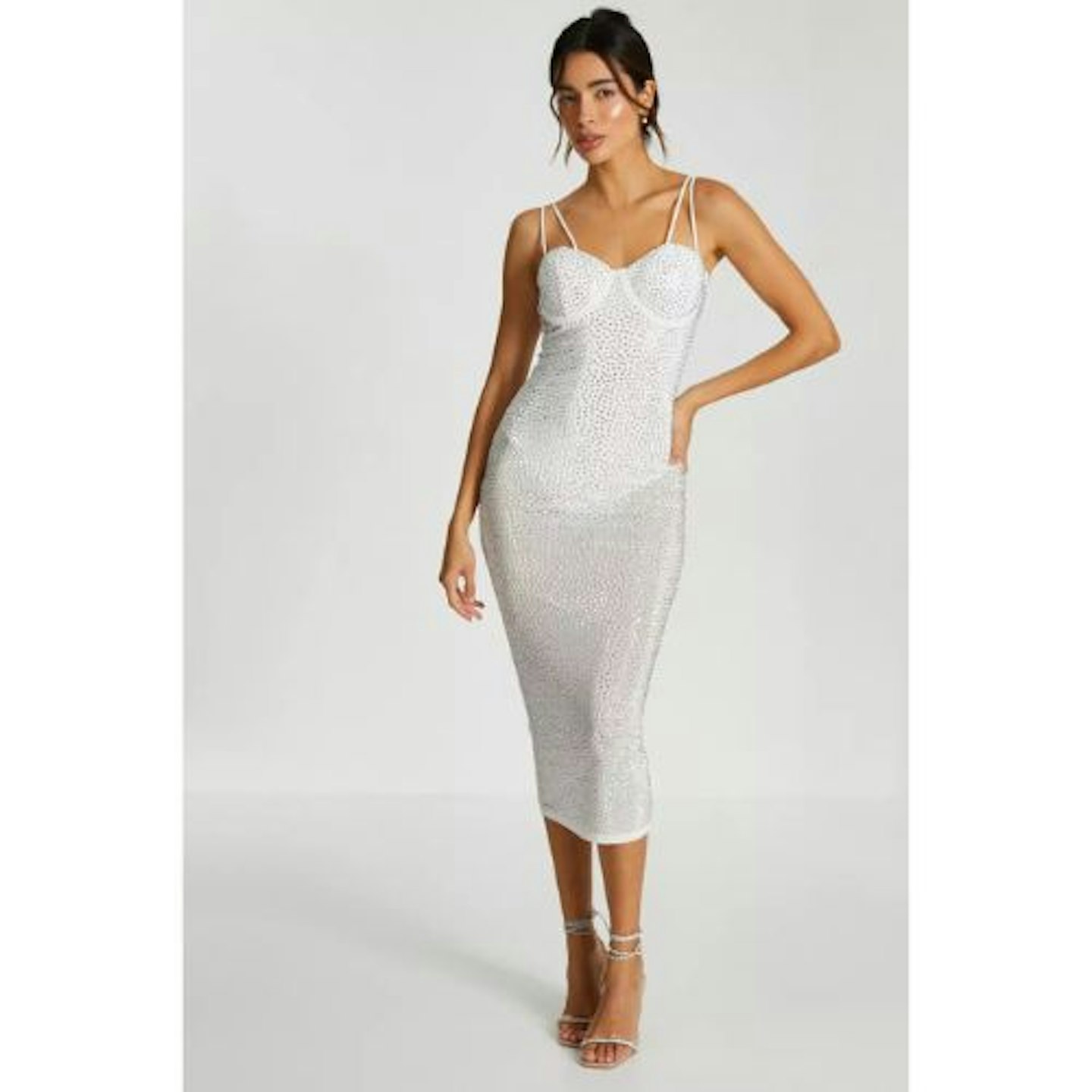 Quiz White Rhinestone Bodycon Midi Dress