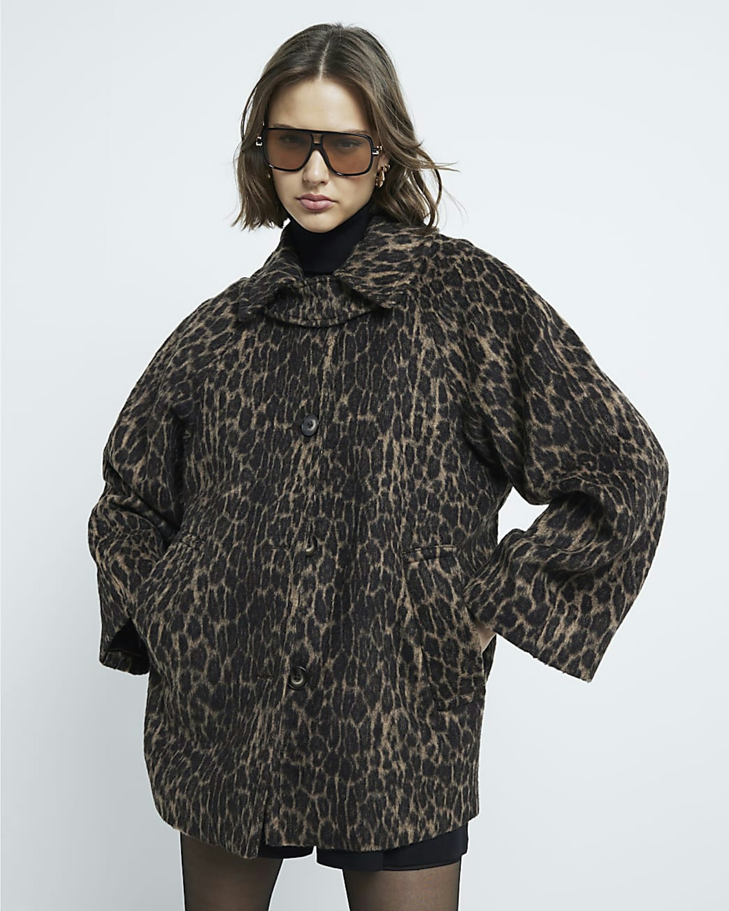 River Island Brown Leopard Print Funnel Neck Coat