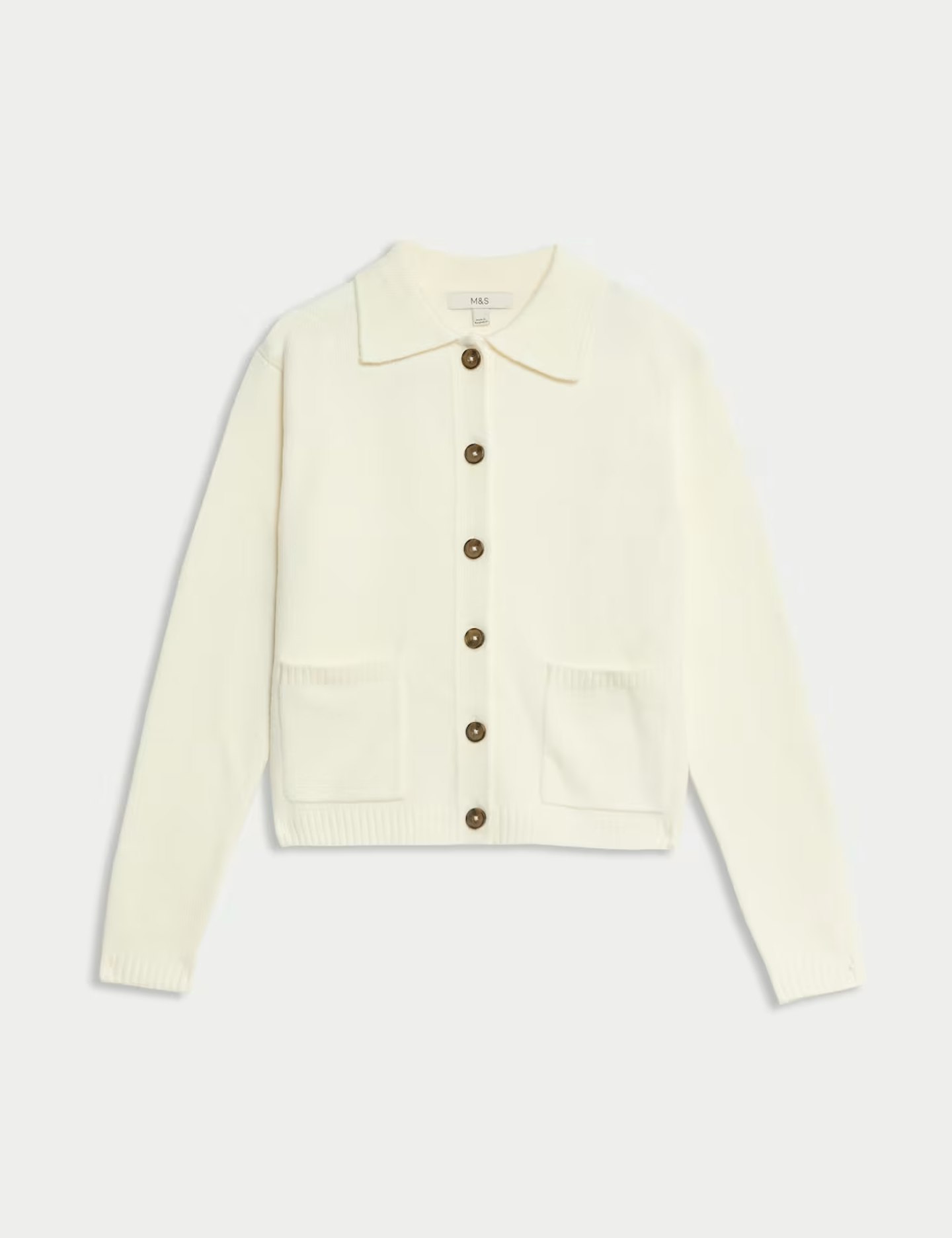 Collared Neck Relaxed Fit Knitted Jacket - Ivory