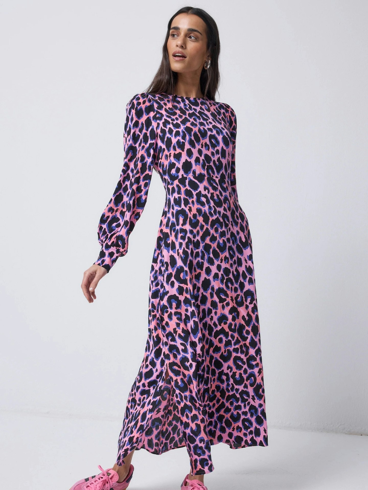Pink With Blue And Black Shadow Leopard Blouson Sleeve Midi Dress