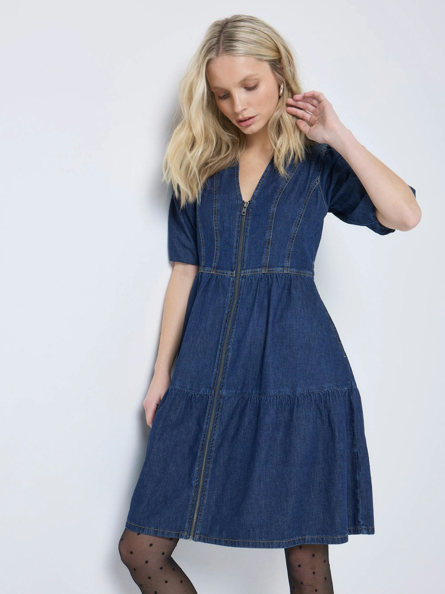 Authentic Indigo Zip Detail Tiered Short Denim Dress