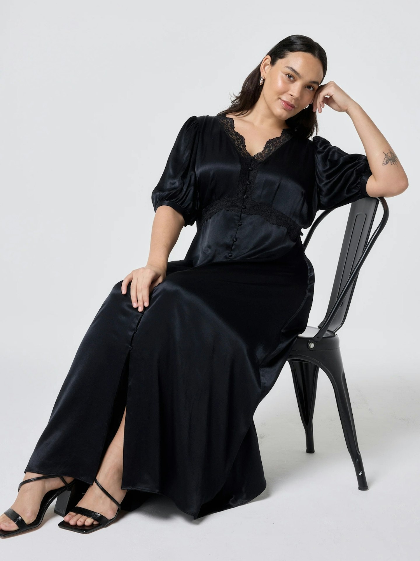 Black With Lace Trim Satin Puff Sleeve Midi Tea Dress
