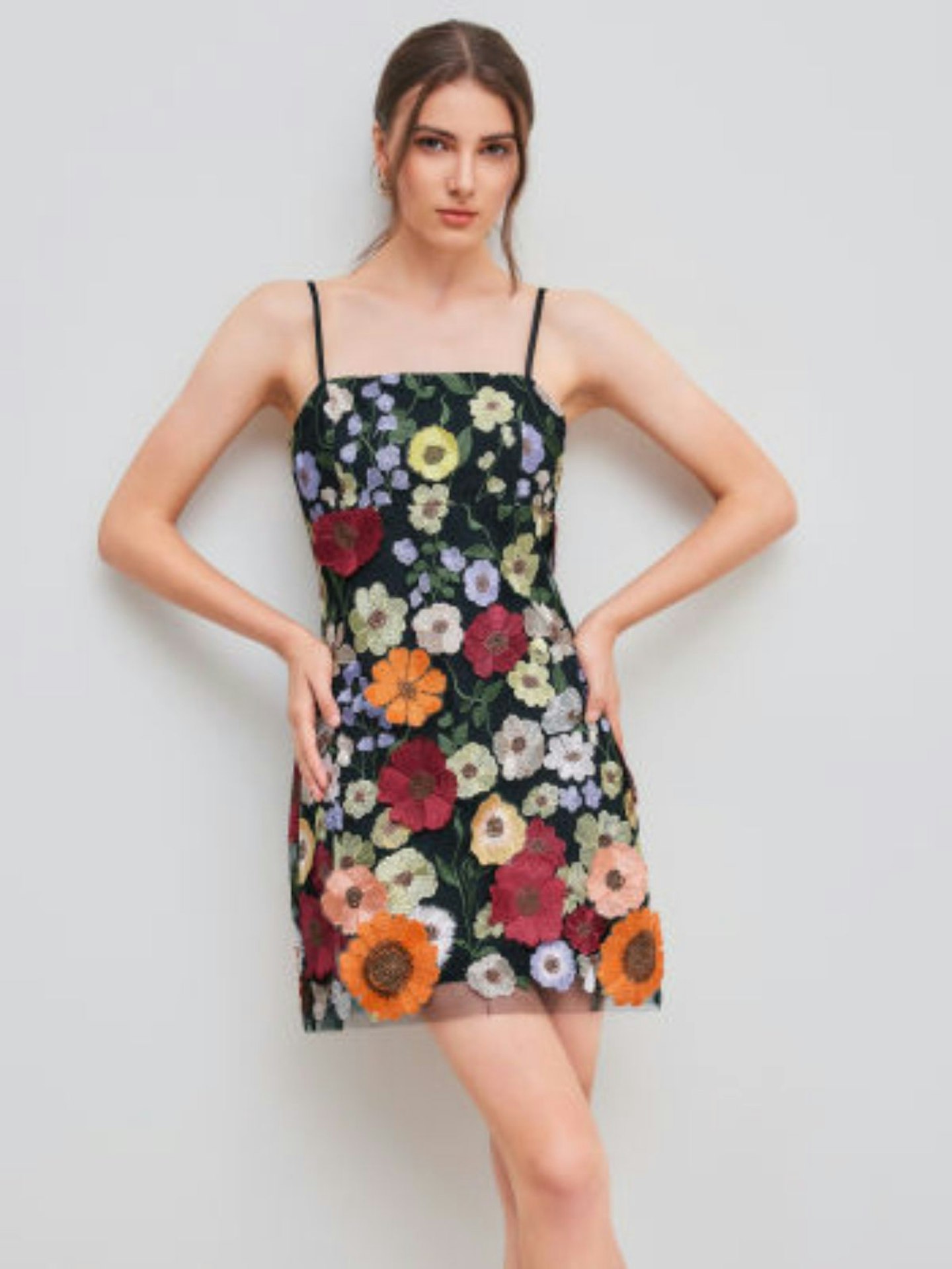 Jacquard Square Neck Colorful Floral Embroidery Mini Dress