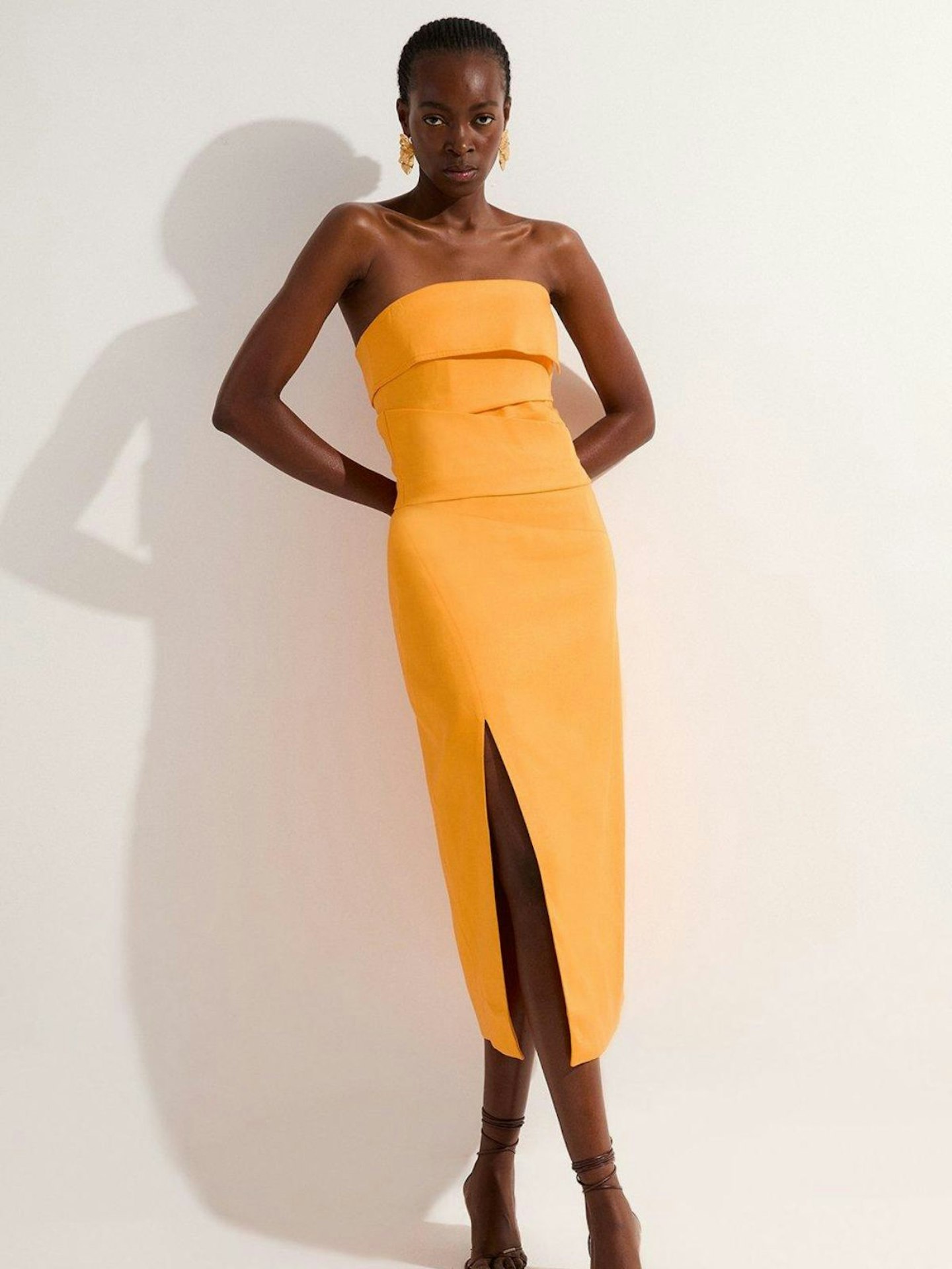 Premium Linen Structured Pleated Bandeau Tailored Midi Pencil Dress 