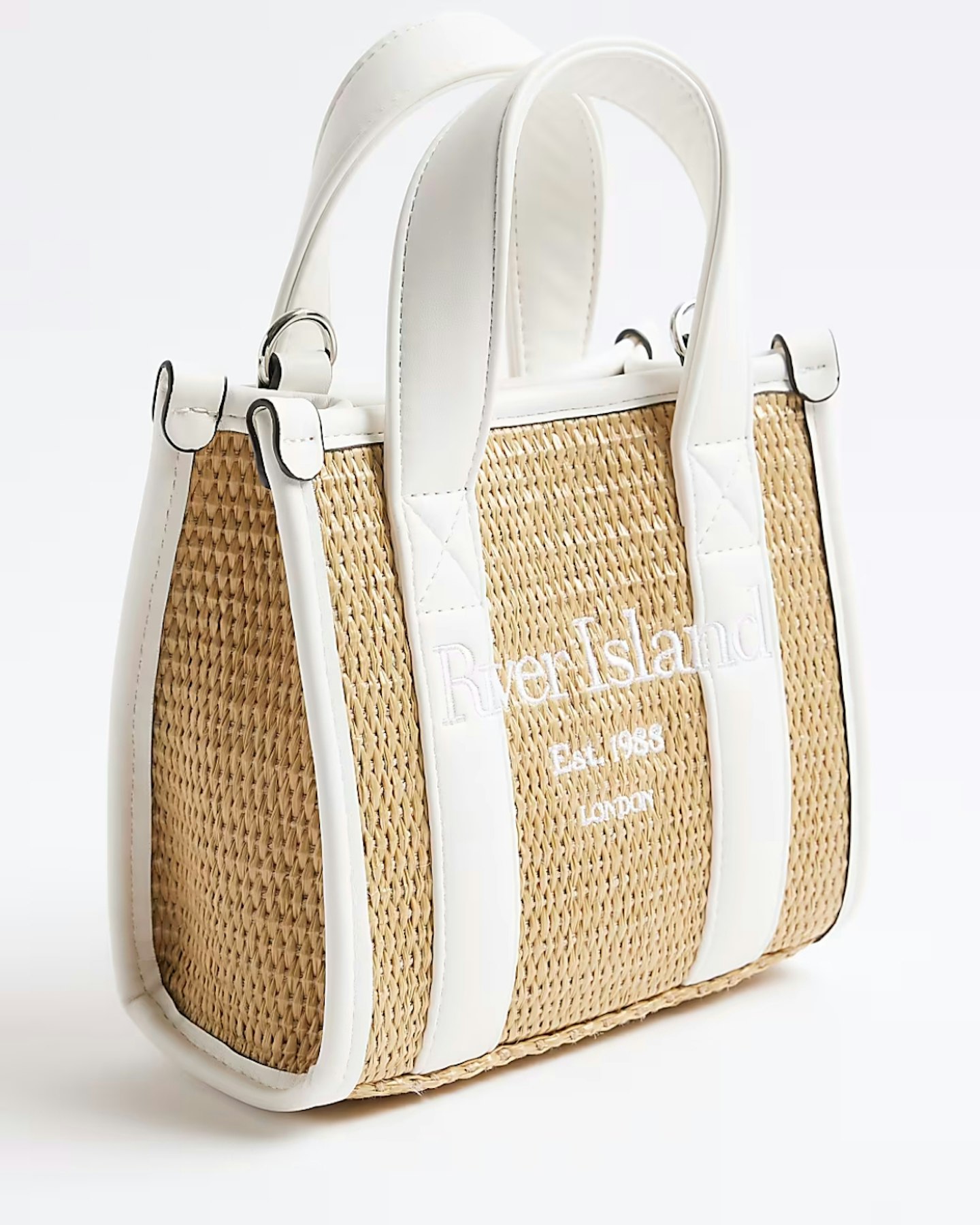 River Island Beige Embroidered Mini Raffia Tote