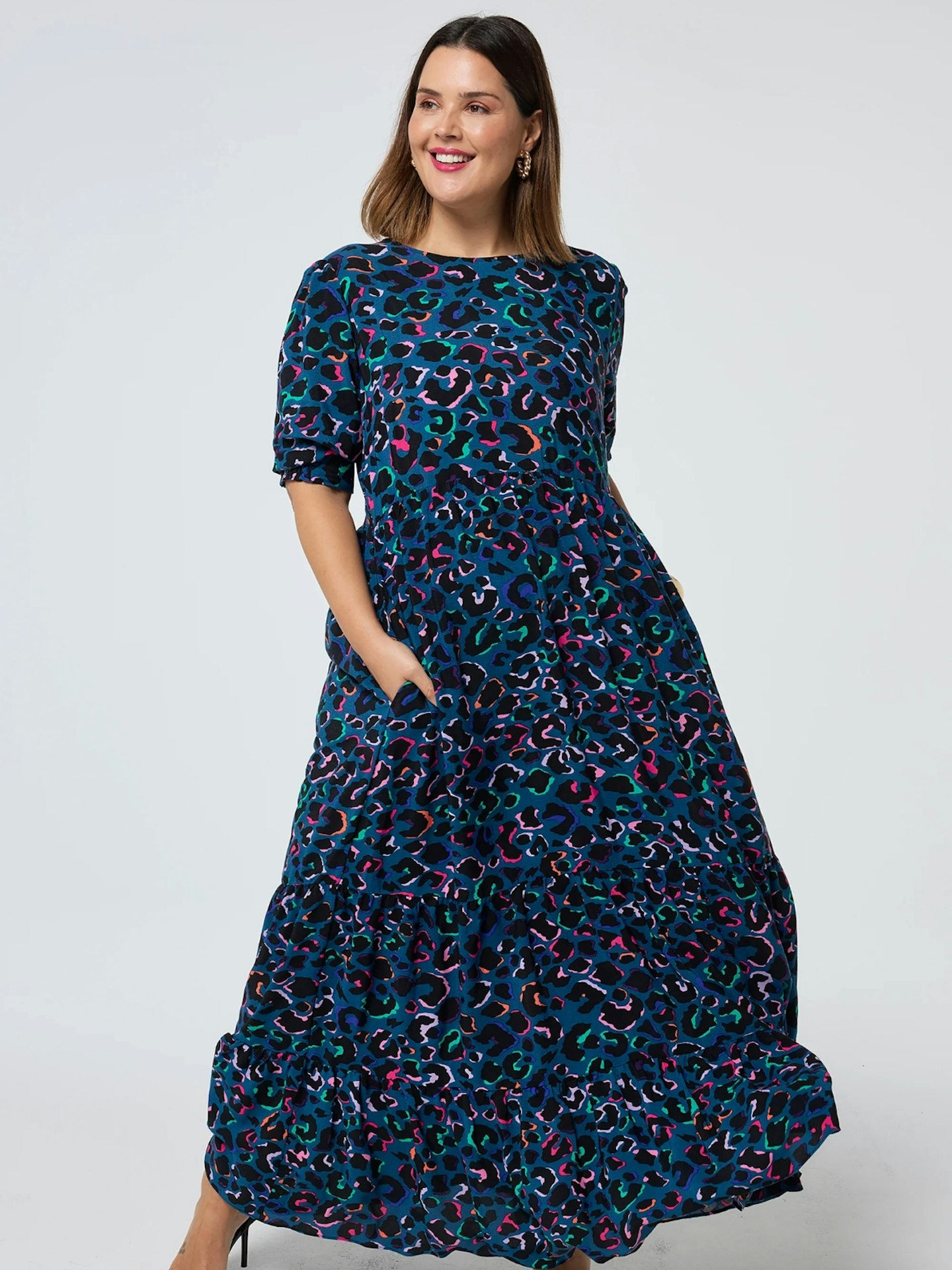 Teal with Rainbow Shadow Leopard Maxi Dress