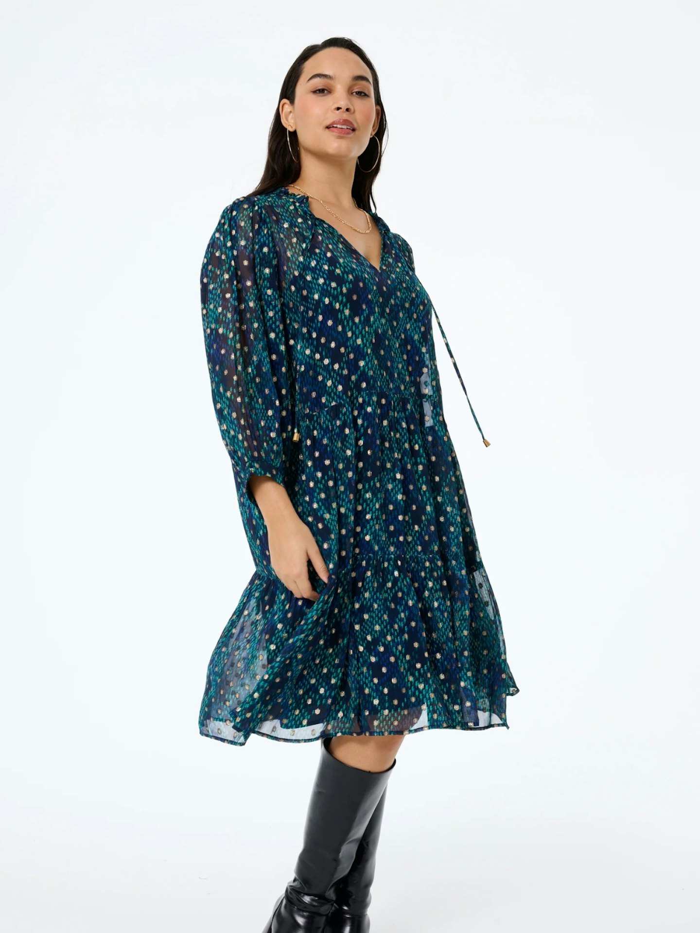 Midnight With Teal Snake Print Foil Chiffon Tiered Short Dress