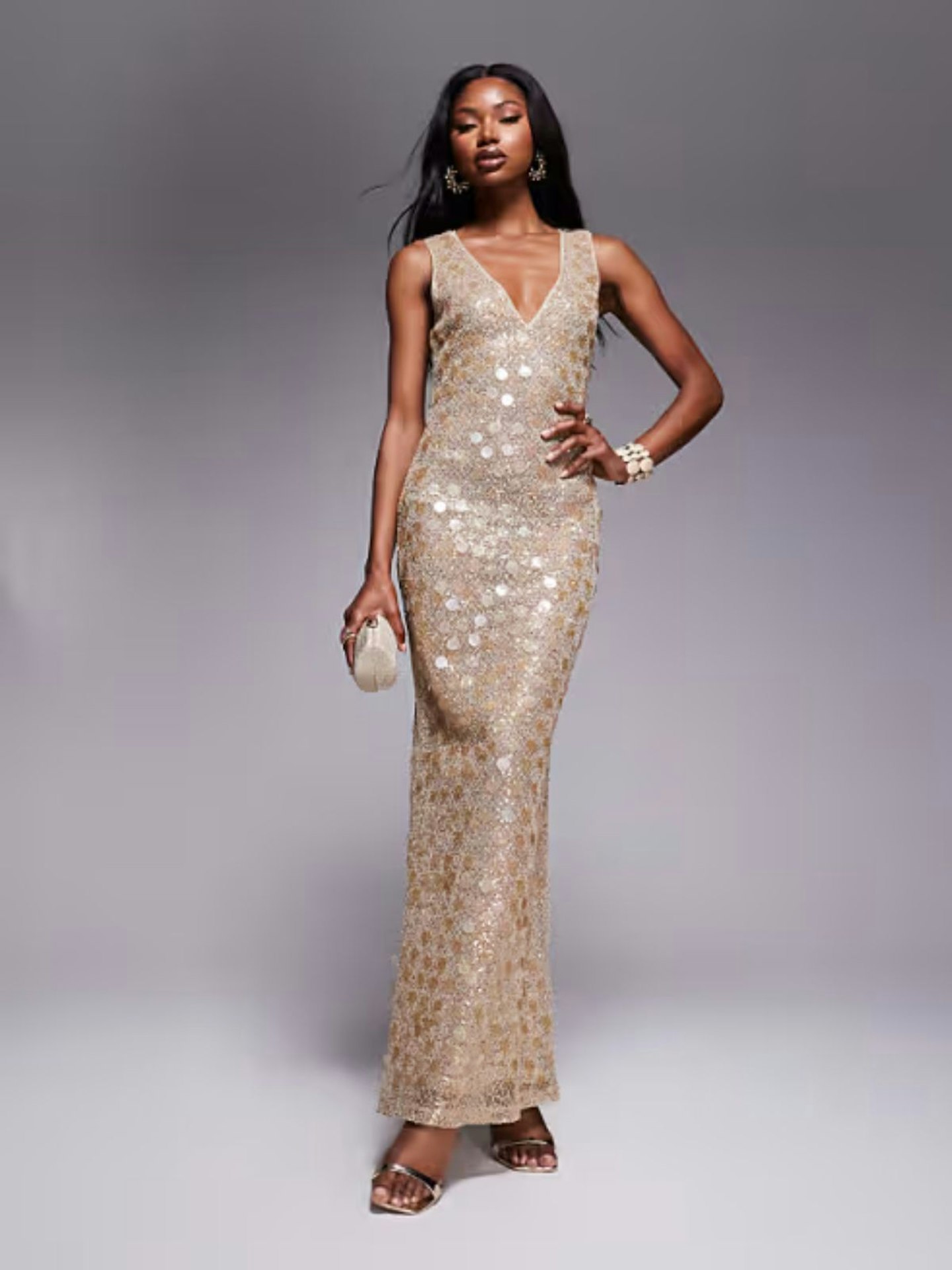 ASOS DESIGN Statement Embellished Textured Plunge Maxi Dress