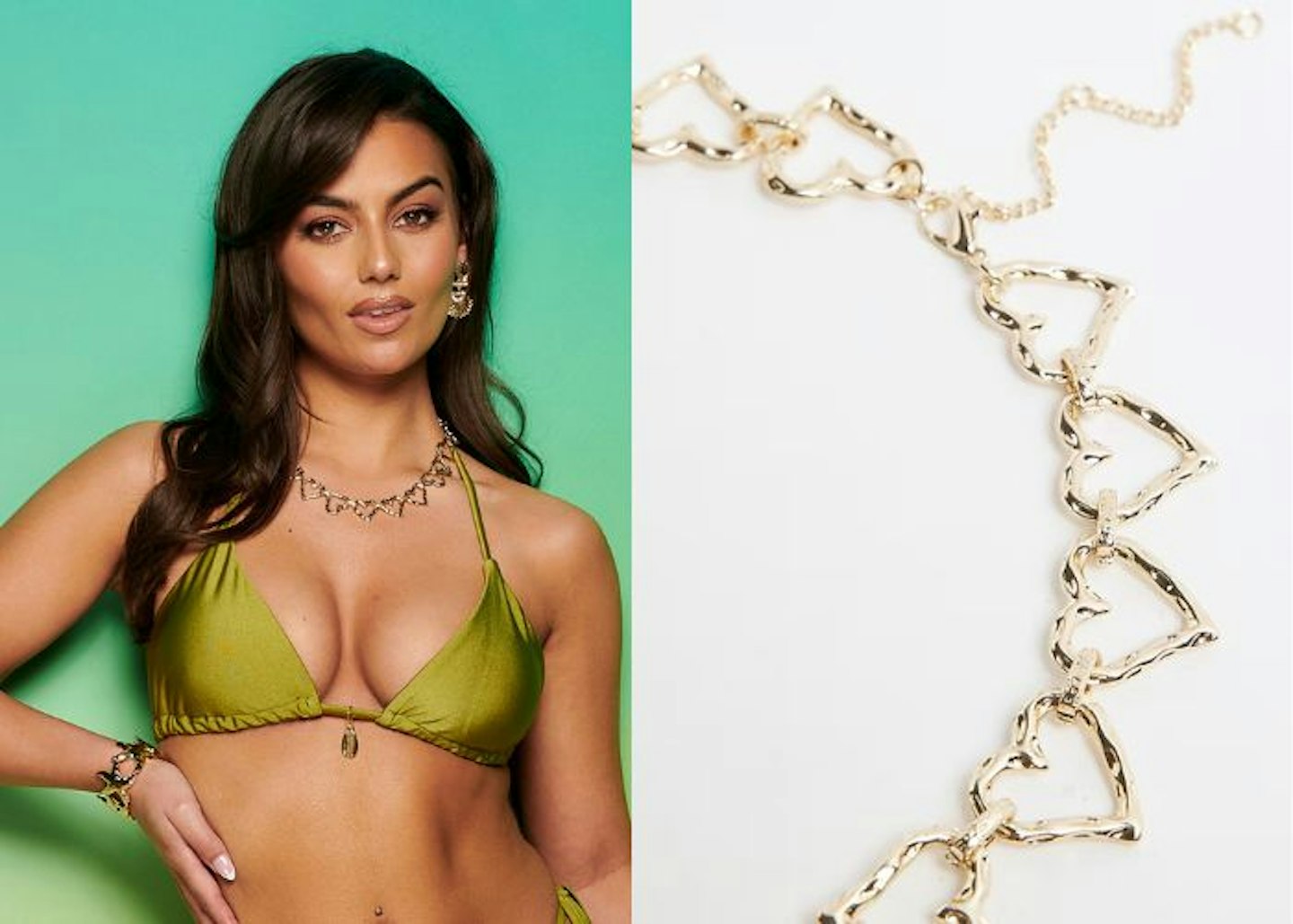 Megan, Islander, is wearing a heart link chain necklace.