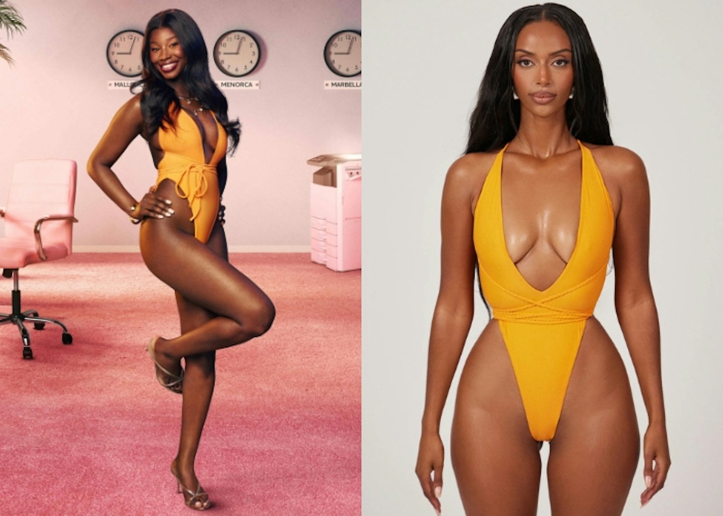 Alima's orange wrap swimsuit