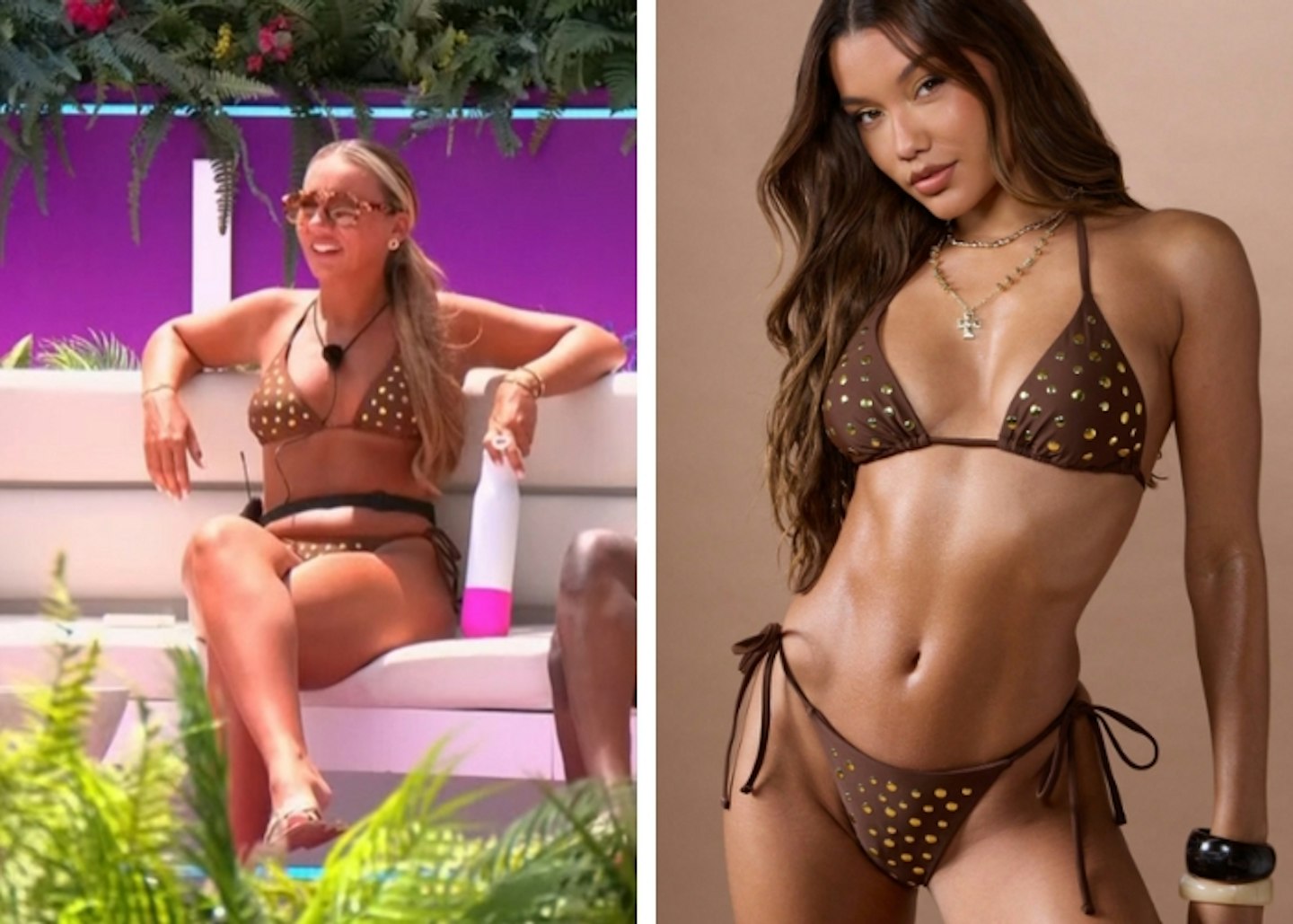 Meg's brown and gold studded bikini