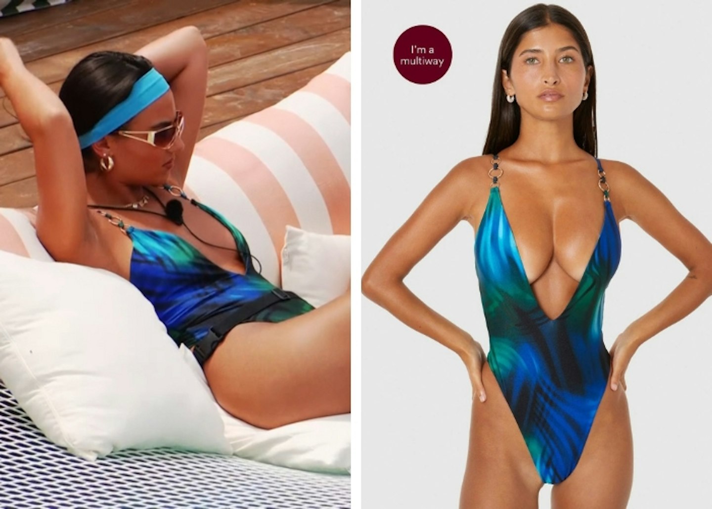 Megan's blue printed swimsuit