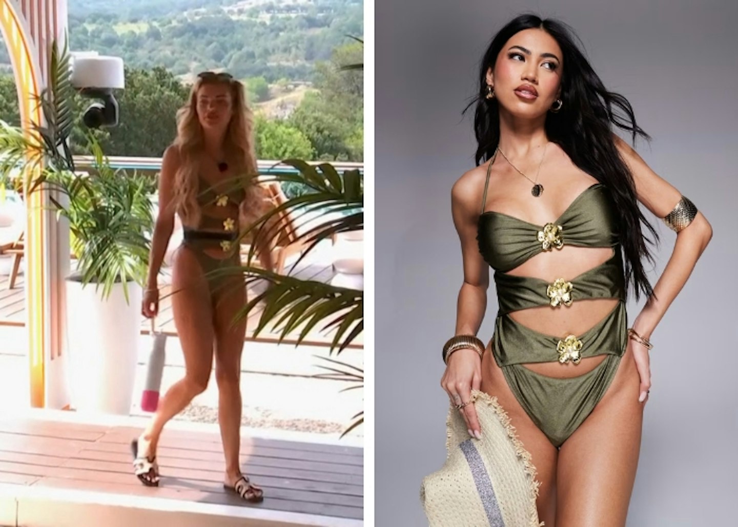 Helena's olive green one piece with floral detail