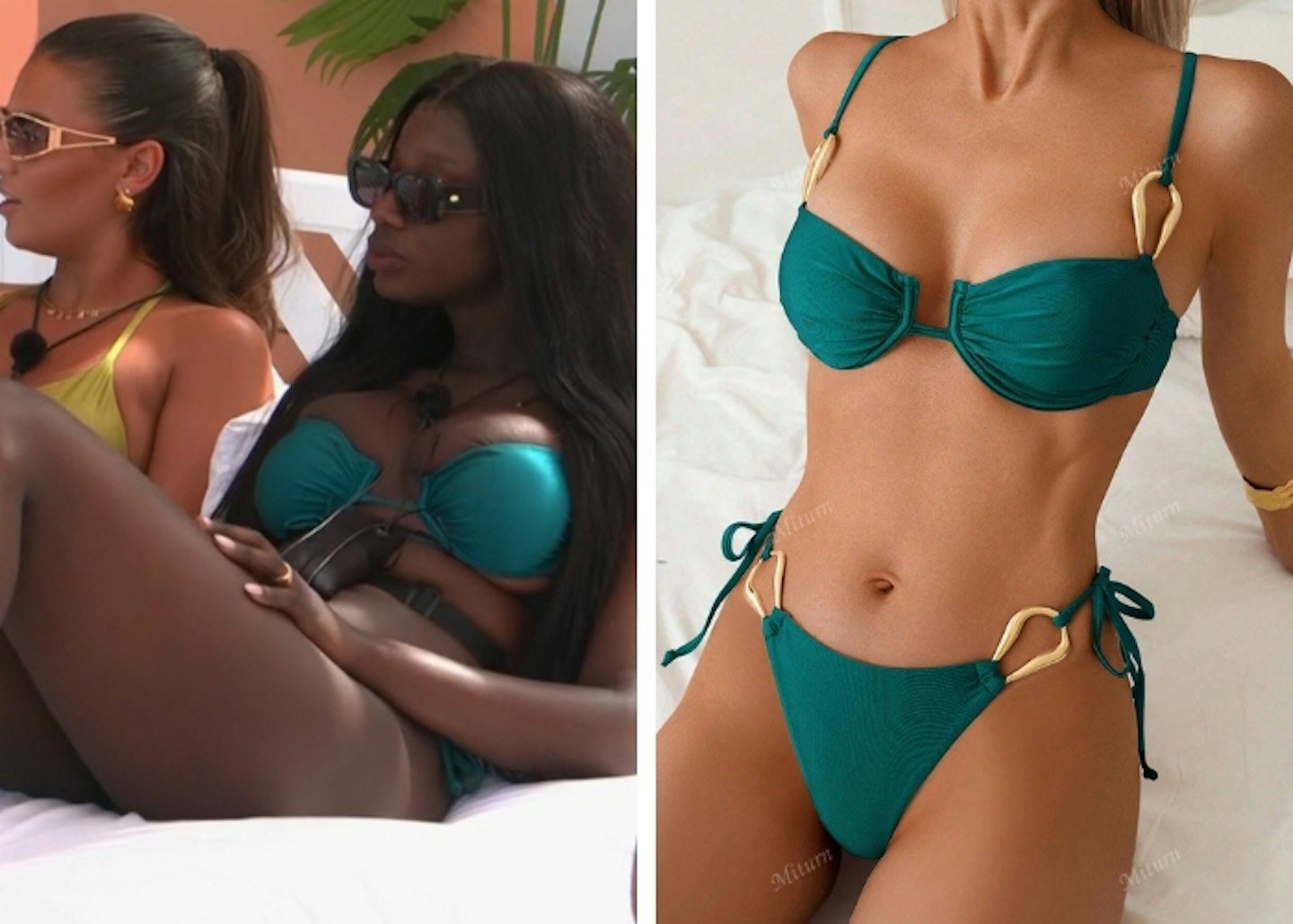 Alima's teal bikini with gold hardware
