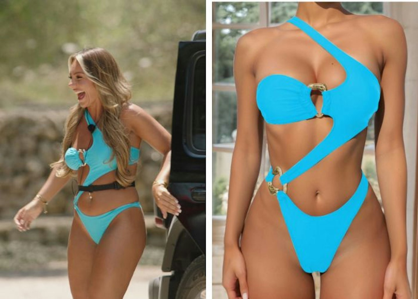 Meg's blue cut-out one-piece