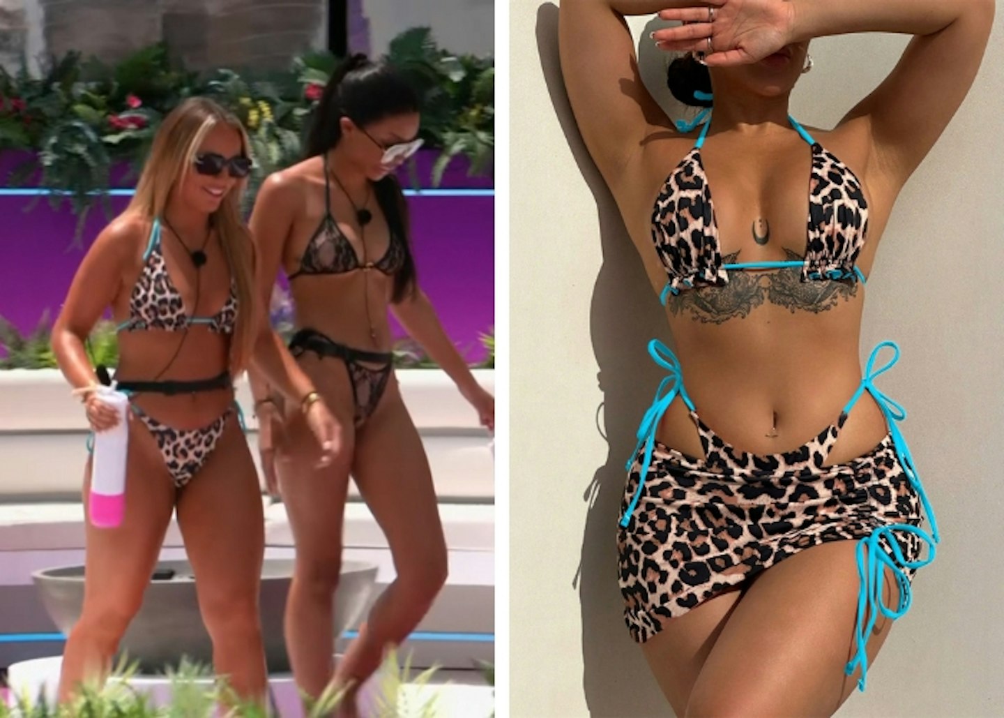 Meg's leopard print and blue string bikini