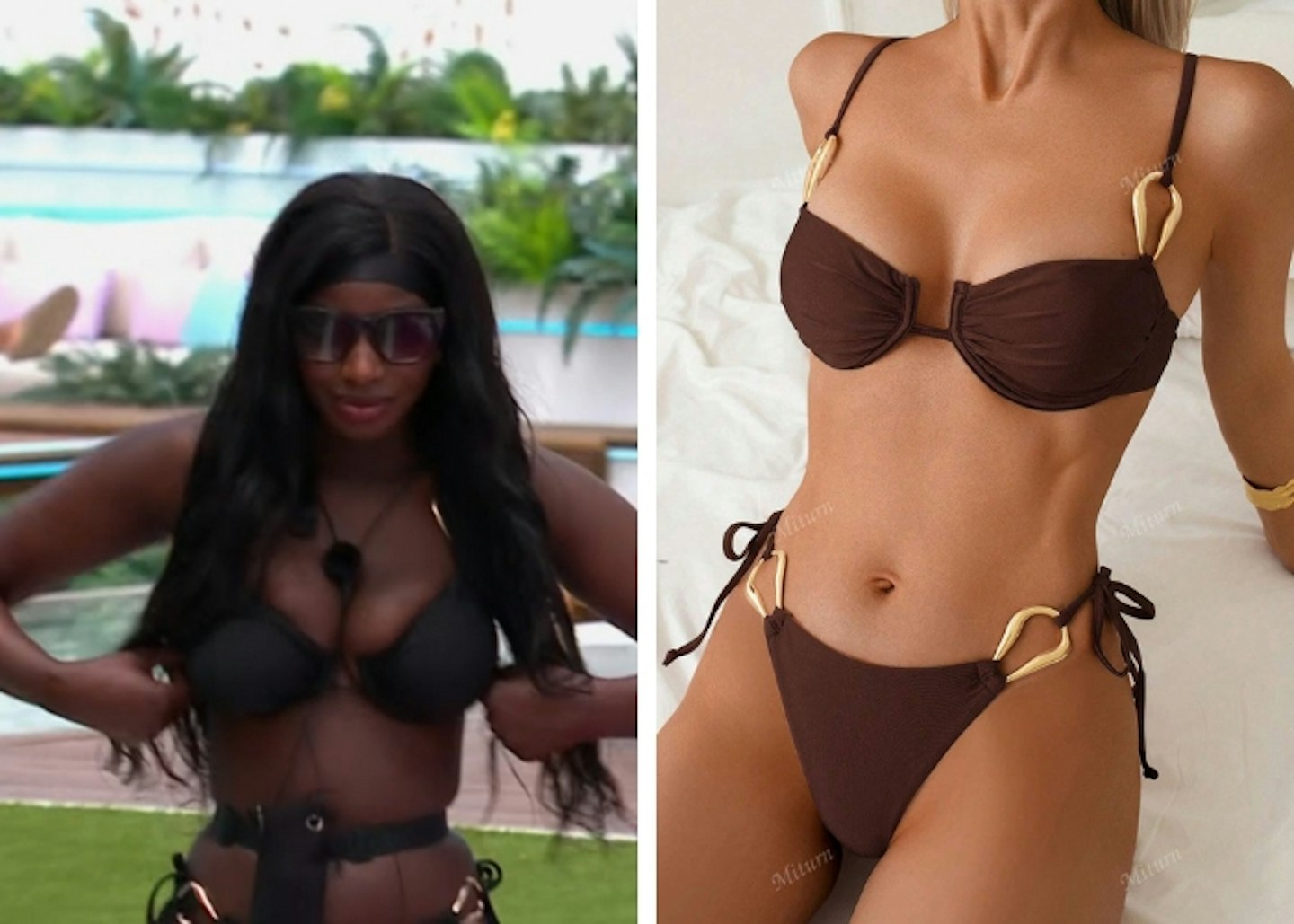 Alima's brown bikini with gold hardware