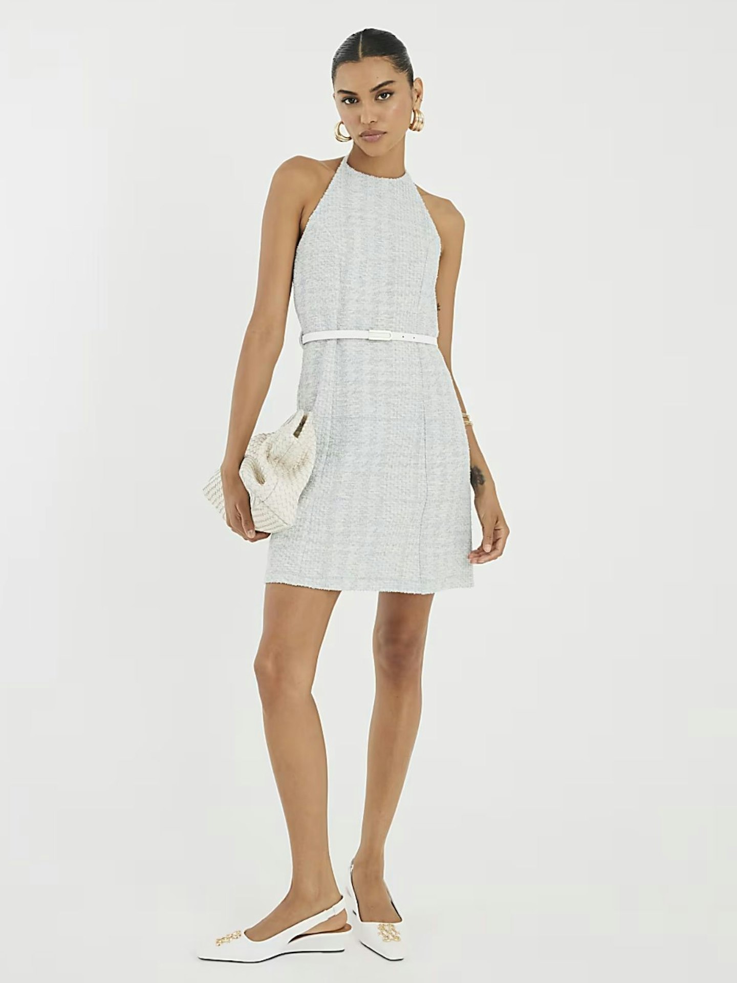 Blue Halter Neck Boucle Belted Mini Dress