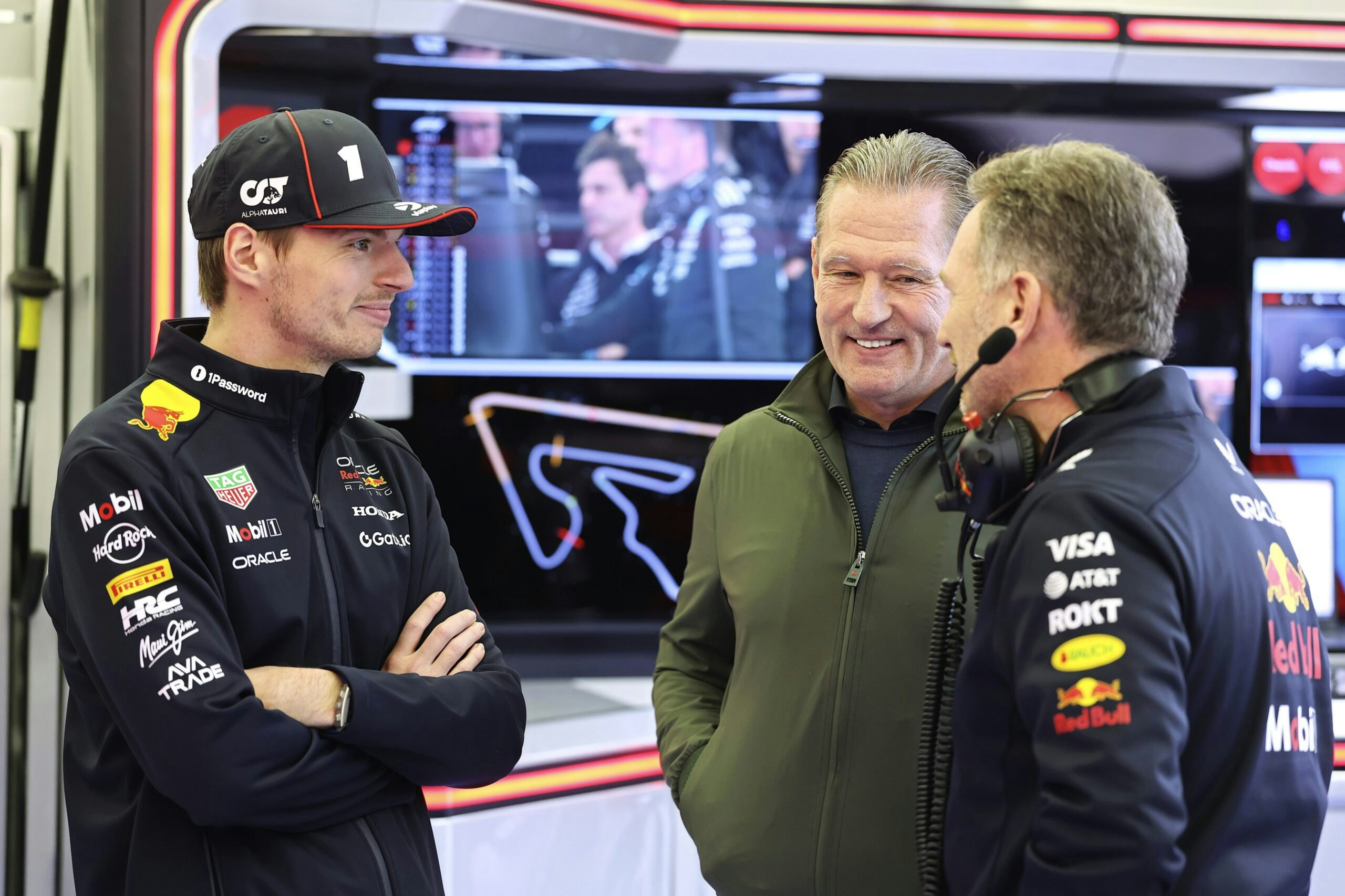 Max Verstappen of the Netherlands and Oracle Red Bull Racing, Jos Verstappen, and Christian Horner
