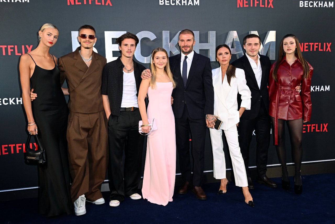 Mia Regan, Romeo Beckham, Cruz Beckham, Harper Beckham, David Beckham, Victoria Beckham, Brooklyn Beckham and Nicola Peltz