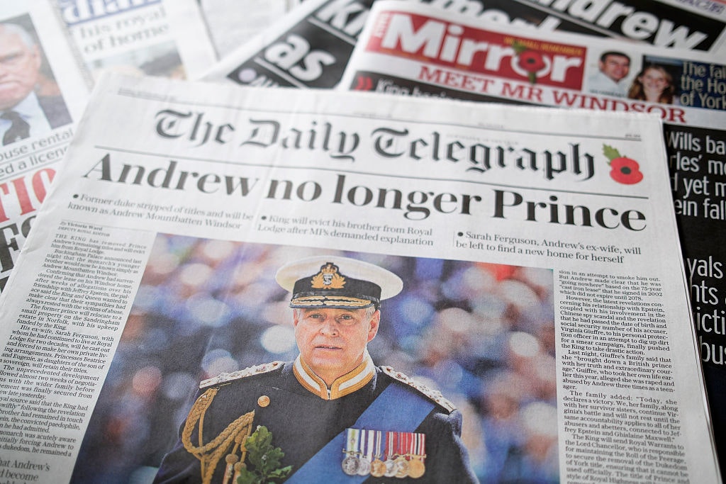 The front page of The Daily Telegraph newspaper with an image of Andrew Mountbatten Windsor is seen on October 31, 2025