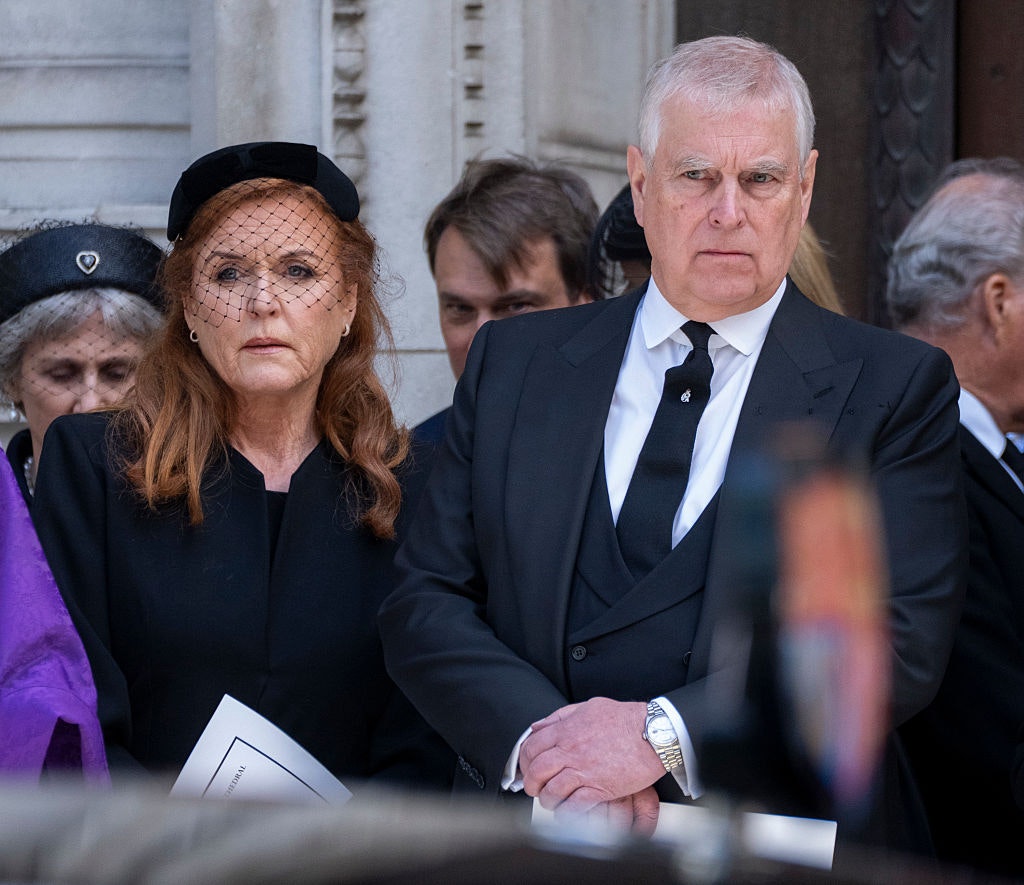 Prince Andrew, Duke of York and Sarah Ferguson, Duchess of York attend the funeral of Katharine, Duchess of Kent at Westminster Cathedral