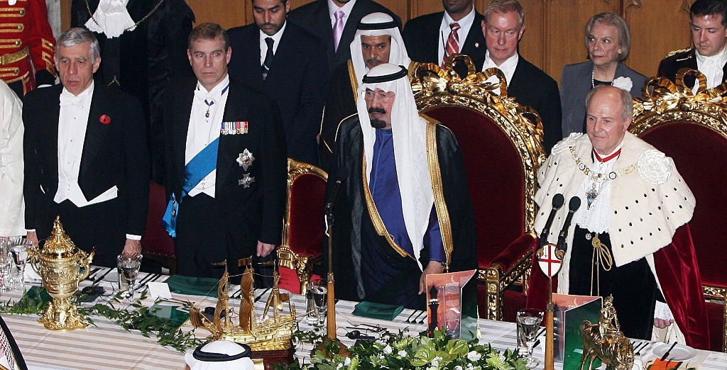 King Abdullah Bin Abdul Aziz Al Saud of Saudi Arabia attends a state banquet held in his honor by Prince Andrew, Duke of York and John Stuttard, Lord Mayor of the City of London at the Guildhall