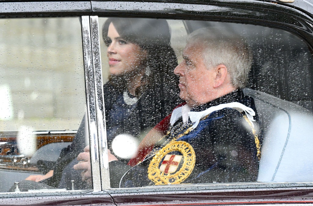 Prince Andrew, Duke of York and Princess Eugenie depart Westminster Abbey after the Coronation of King Charles III and Queen Camilla