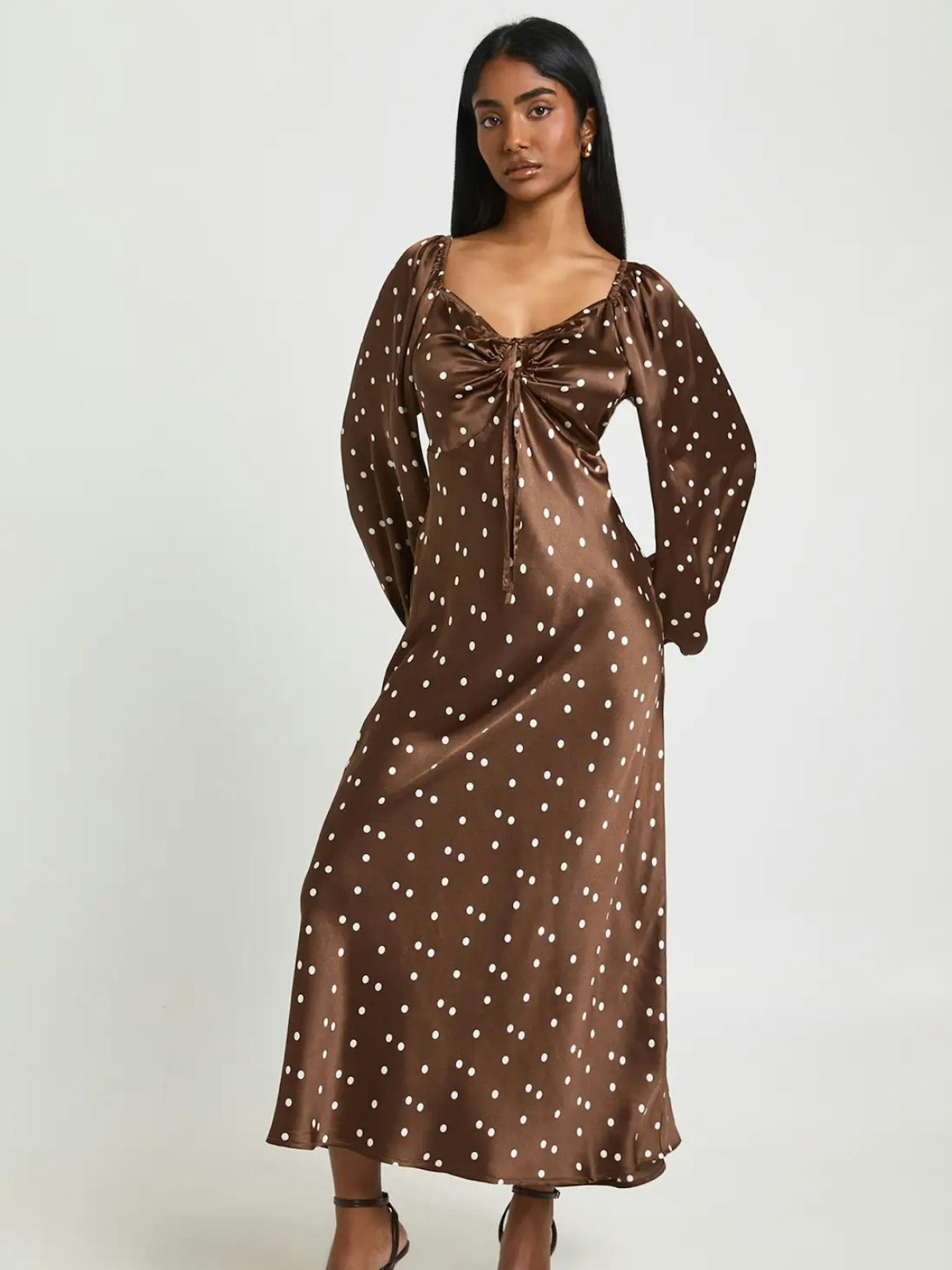 Brown Polka Dot Satin Dress Brown Polka Dot Wrap Frill Dress  AX Paris
