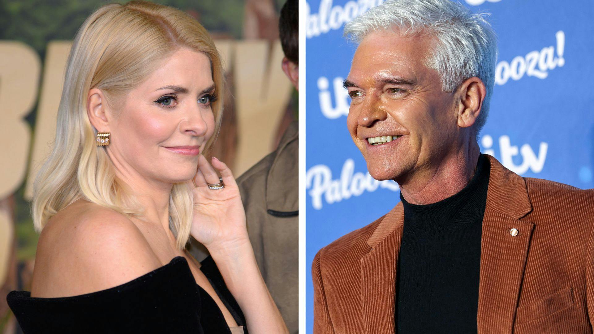 holly willoughby looking worried as phillip schofiled grins in a comped image