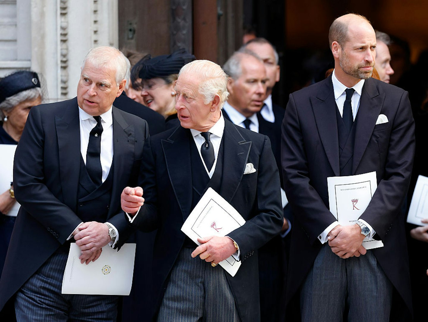 Prince Andrew, Duke of York, King Charles III and Prince William, Prince of Wales attend Katharine, Duchess of Kent's Requiem Mass service at Westminster Cathedral