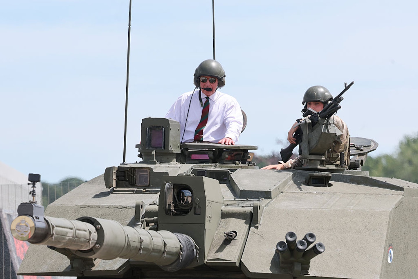 King Charles III rides in a Challenger 2 Main Battle Tank during The Royal Tank Regiment's Families' Day at the Tank Museum on July 06, 2026 in Bovington, Dorset