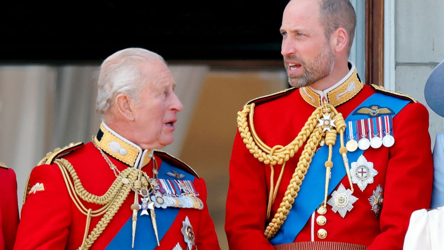 King Charles III (Colonel-in-Chief of the Grenadier Guards) and Prince William, Prince of Wales (Colonel of the Welsh Guards) watch an RAF flypast from the balcony of Buckingham Palace after attending Trooping The Colour 2026 on June 13, 2026 in London, England.