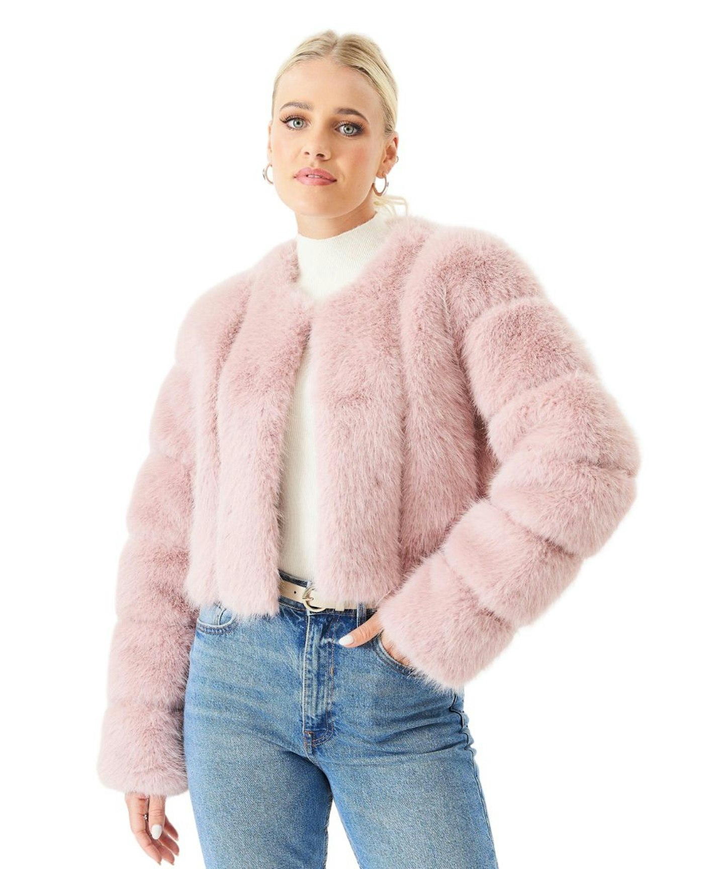 New Look, Pink Cropped Faux Fur Jacket