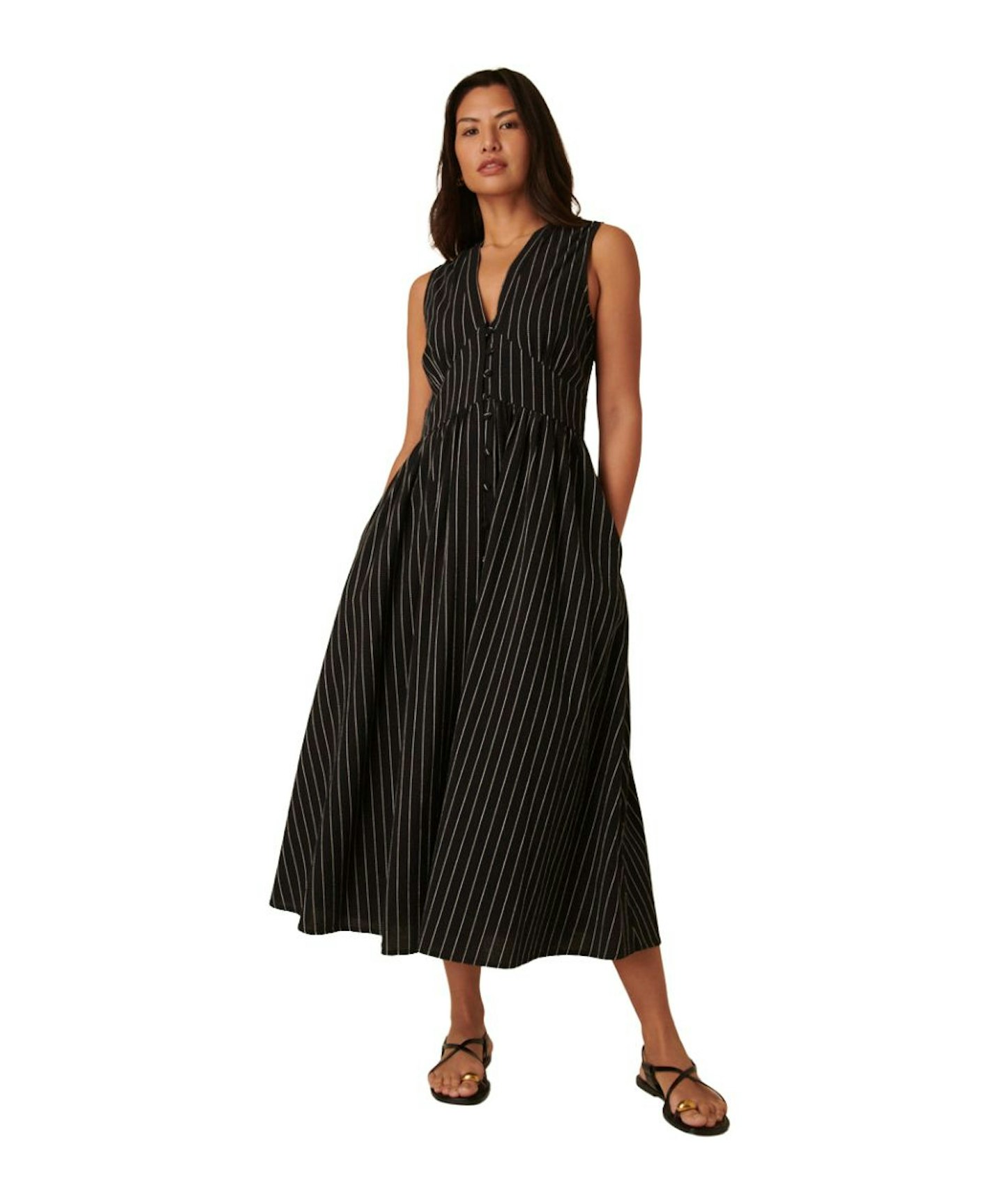 Nobody's Child, Black Pinstripe Sleeveless Starlight Midi Dress