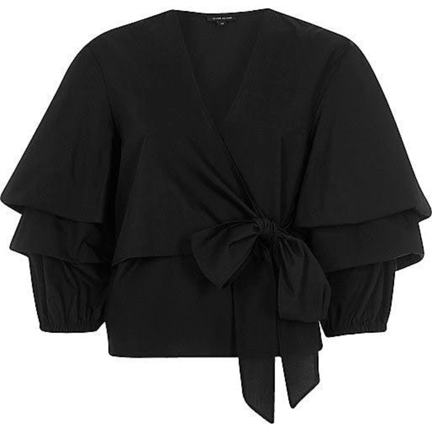 Black Puff Sleeve Tie Front Blouse
