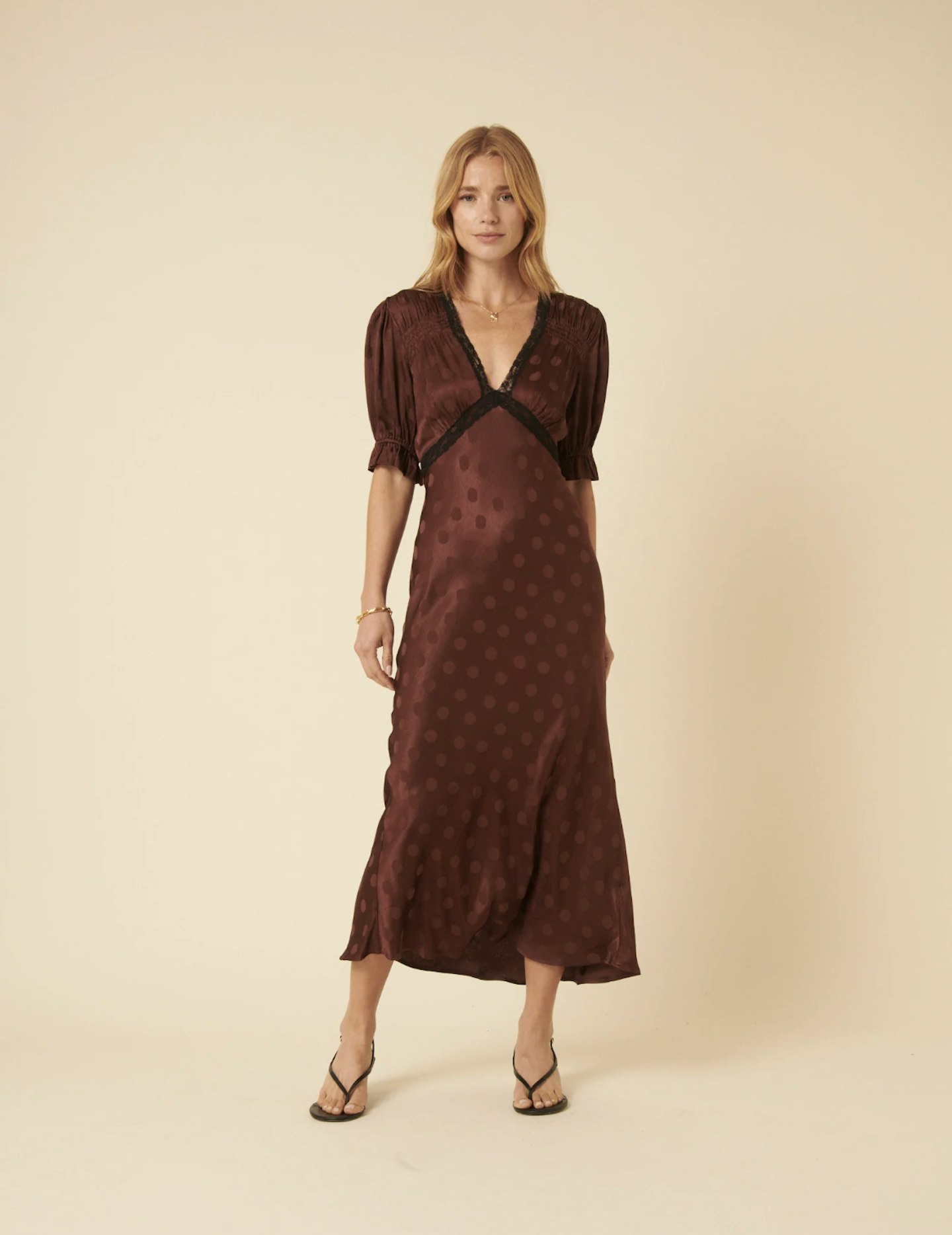 Nobody's Child, Brown Polka Dot Jacquard Angela Midi Dress