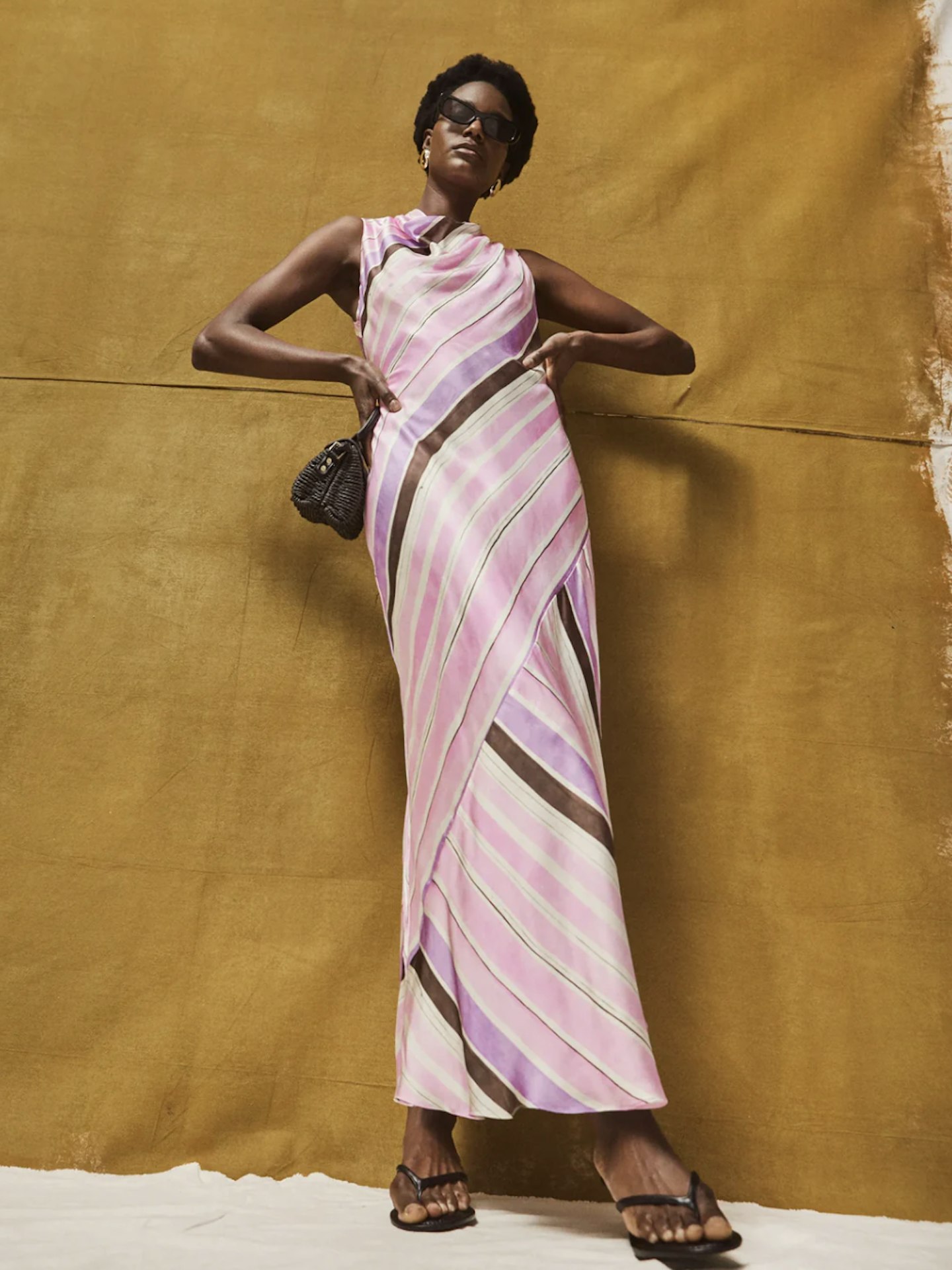 Ro+Zo, Phoebe Pink Stripe Cowl Neck Satin Dress