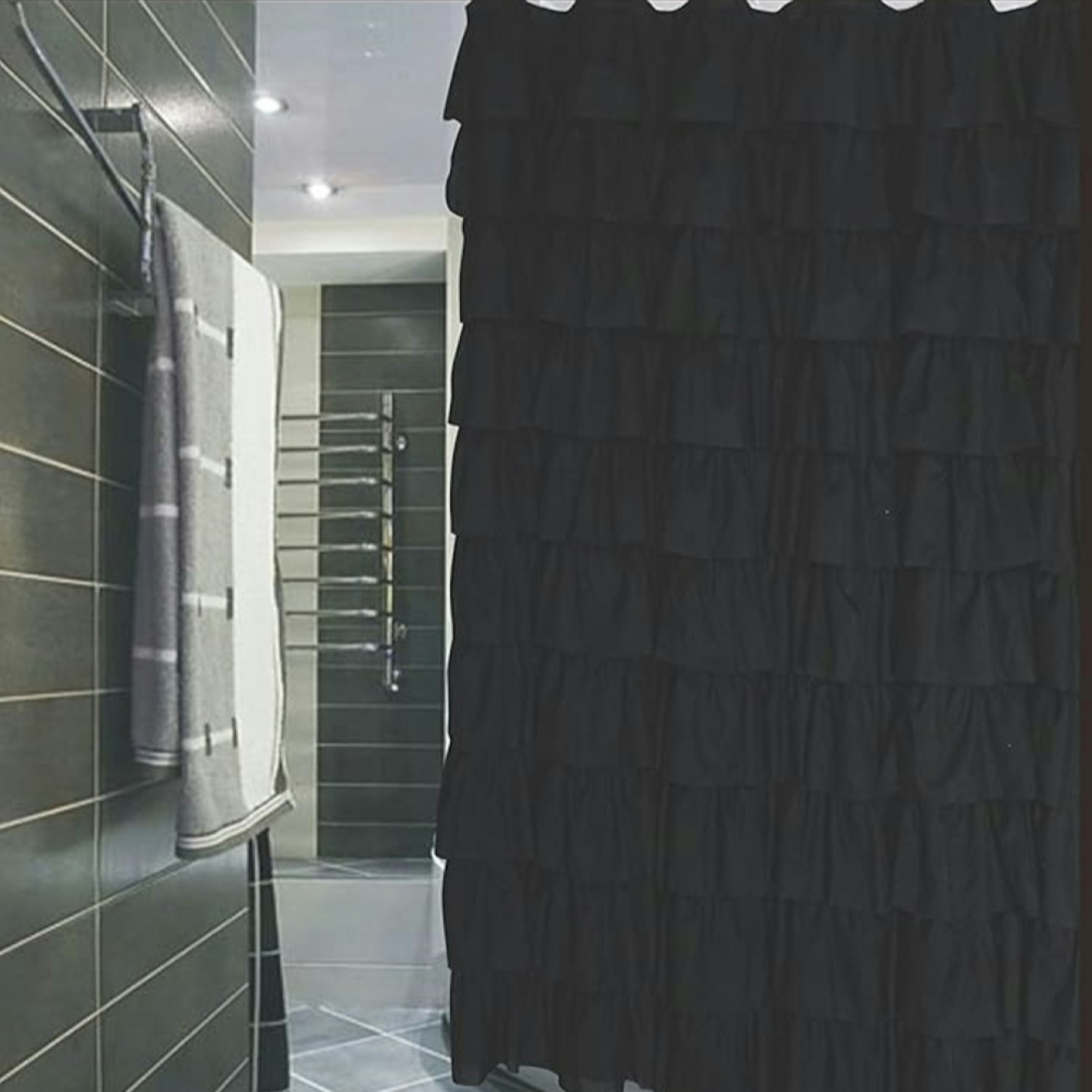 Ruffled Black Fabric Shower Curtain