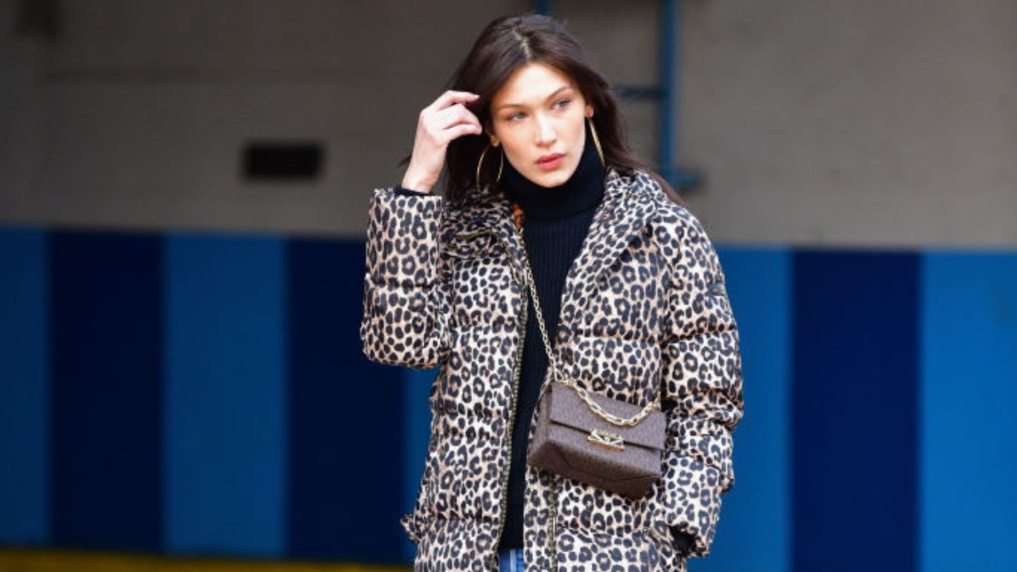 bella hadid leopard print coat